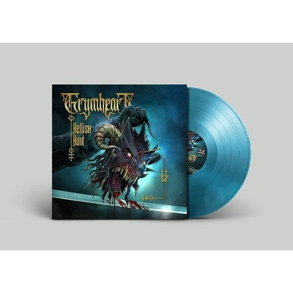 Eine Schallplatte mit einem dämonischen Albumcover auf einer weißen Oberfläche. Die Platte ist hellblau.