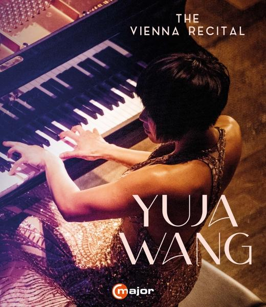 Yuja Wang spielt Klavier, von hinten gesehen, Bühne beleuchtet, mit dem Titel "The Vienna Recital".