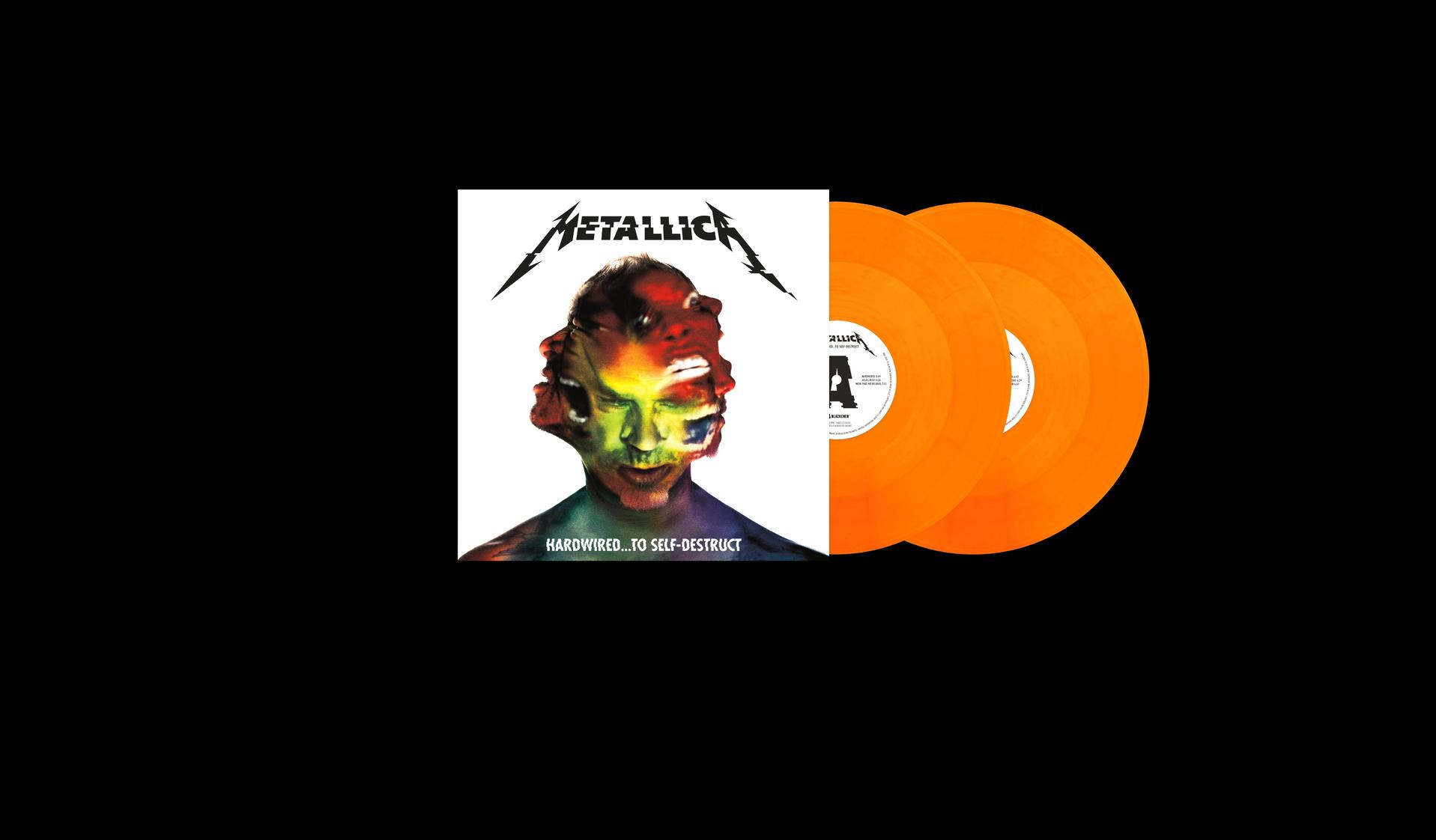Metallica-Album, zwei orangefarbene Schallplatten, schwarzer Hintergrund.
