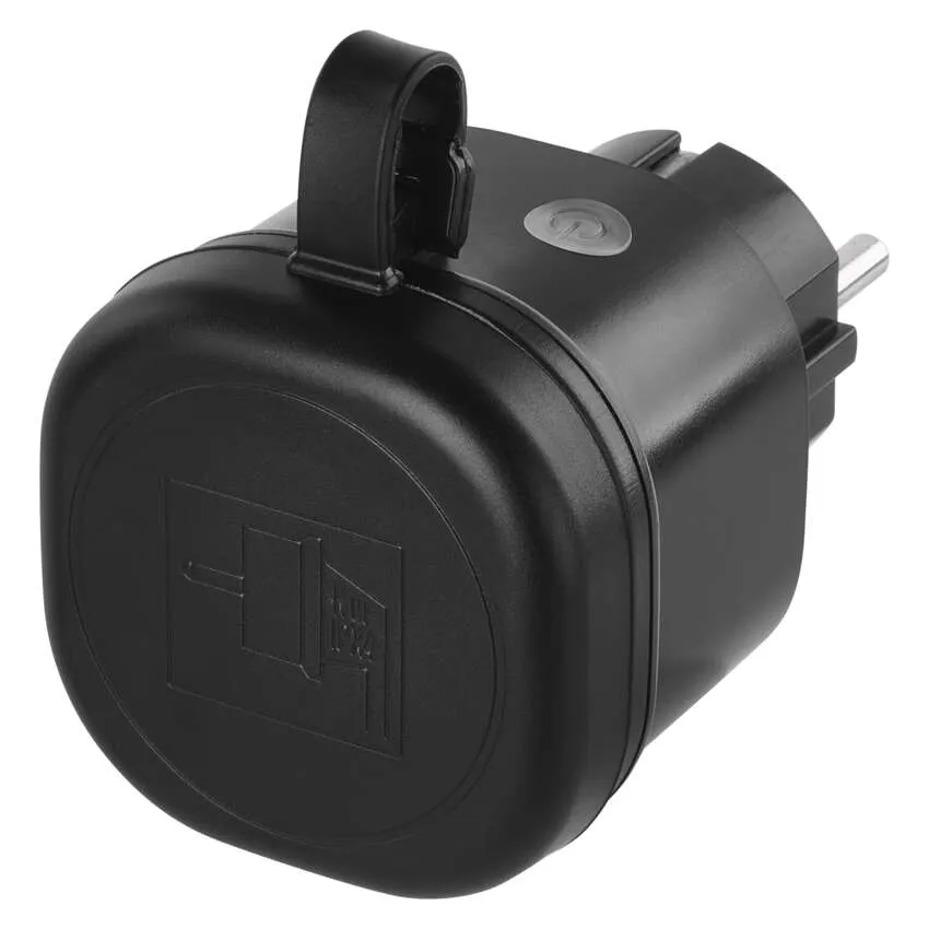 Egy fekete hálózati adapter kis fogantyúval és bekapcsológombbal.