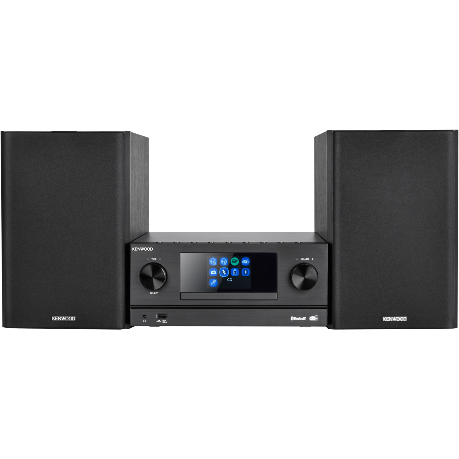 Black Kenwood stereo system. It includes a central unit and two speakers. The interface is on.