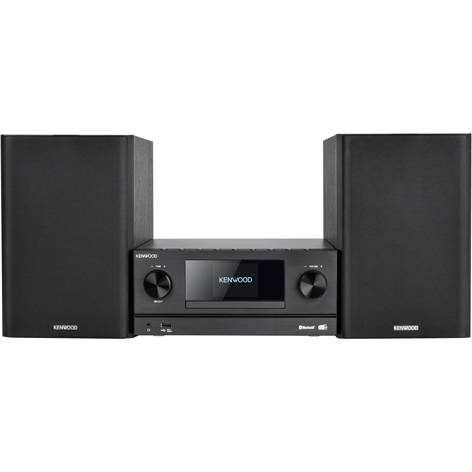 A black Kenwood stereo system with two speakers and a central control unit.