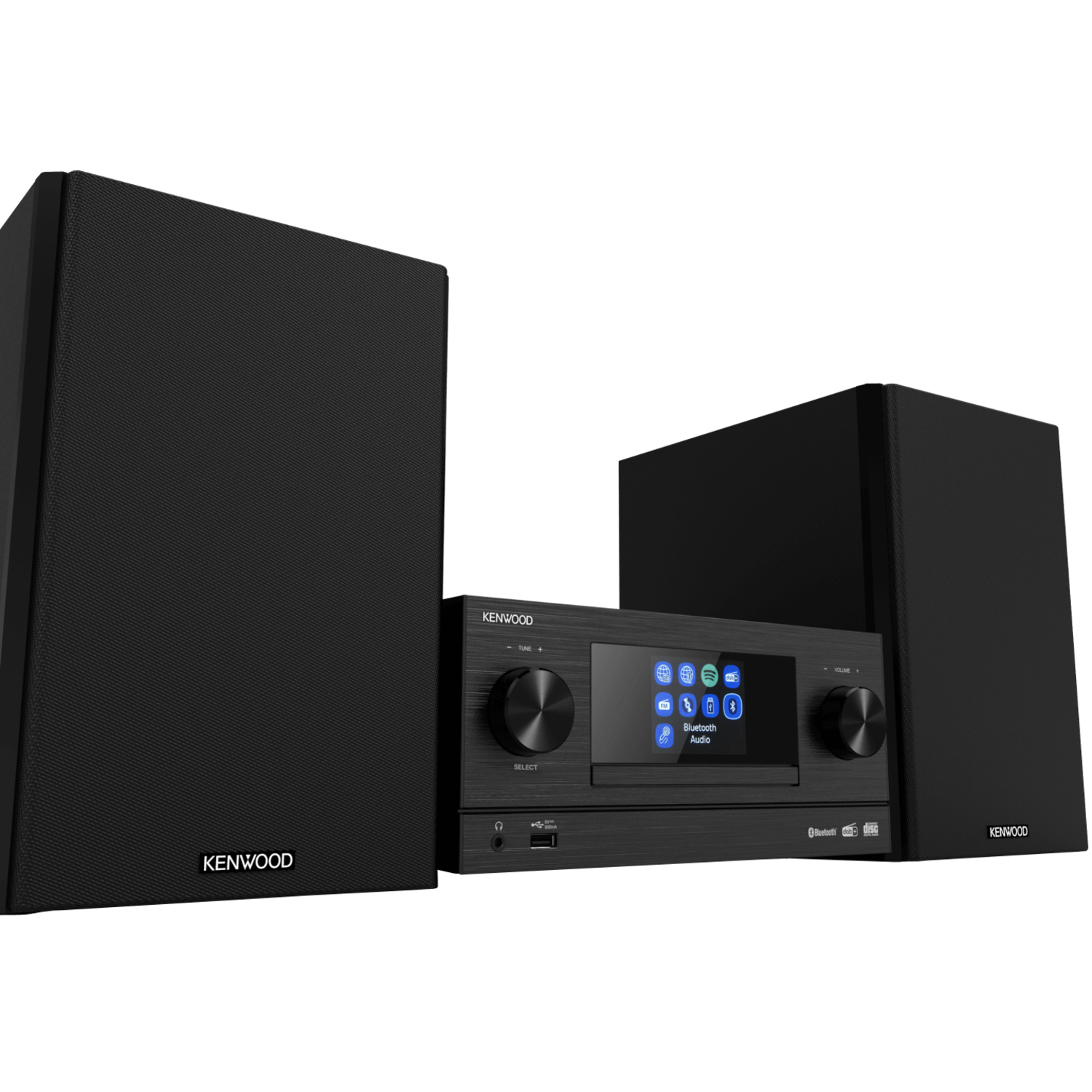 Black Kenwood stereo system with speakers and a central control panel.