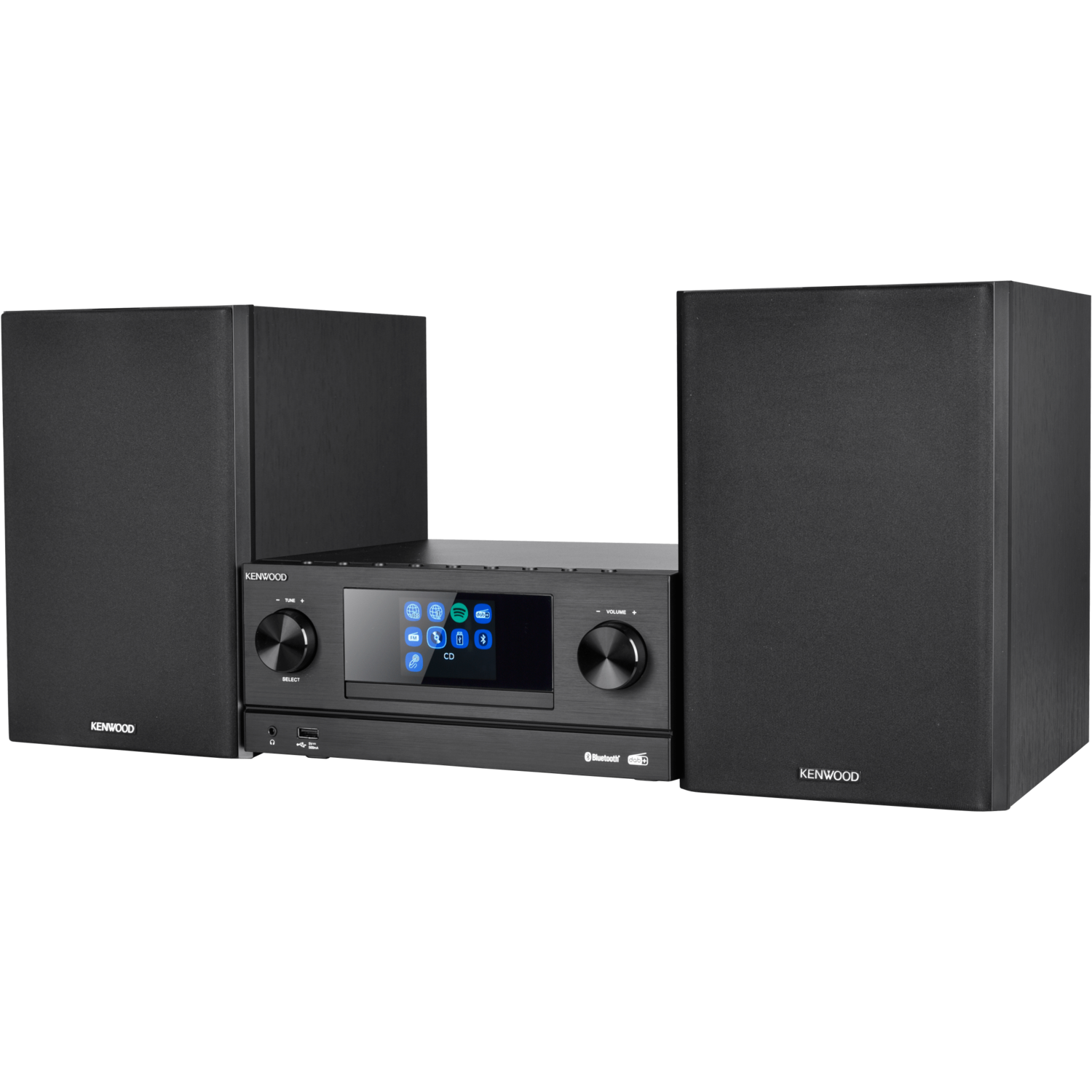A black stereo system with two speakers and a central unit, on black background.