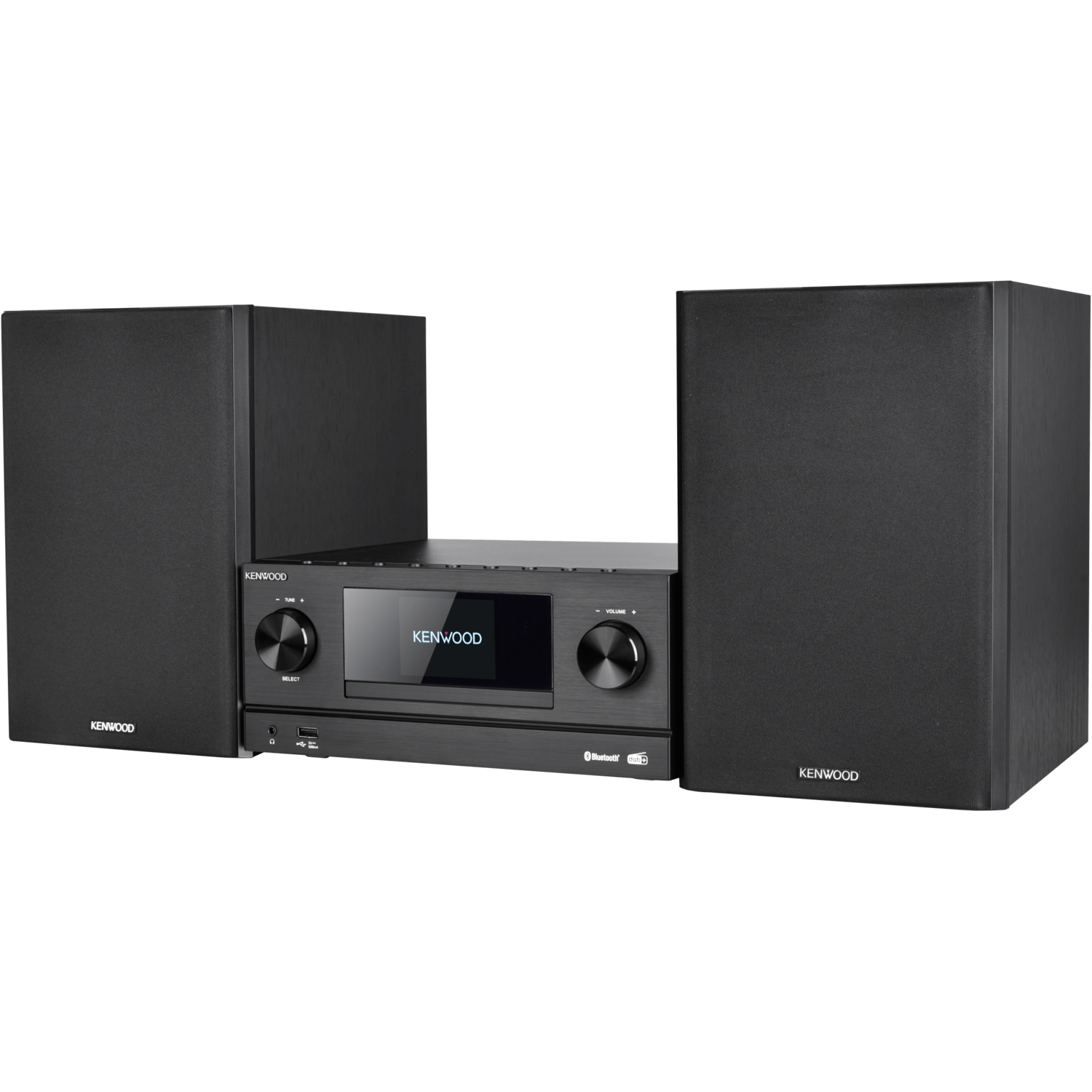 Kenwood stereo system with two black speakers, a central unit, and the Kenwood logo.