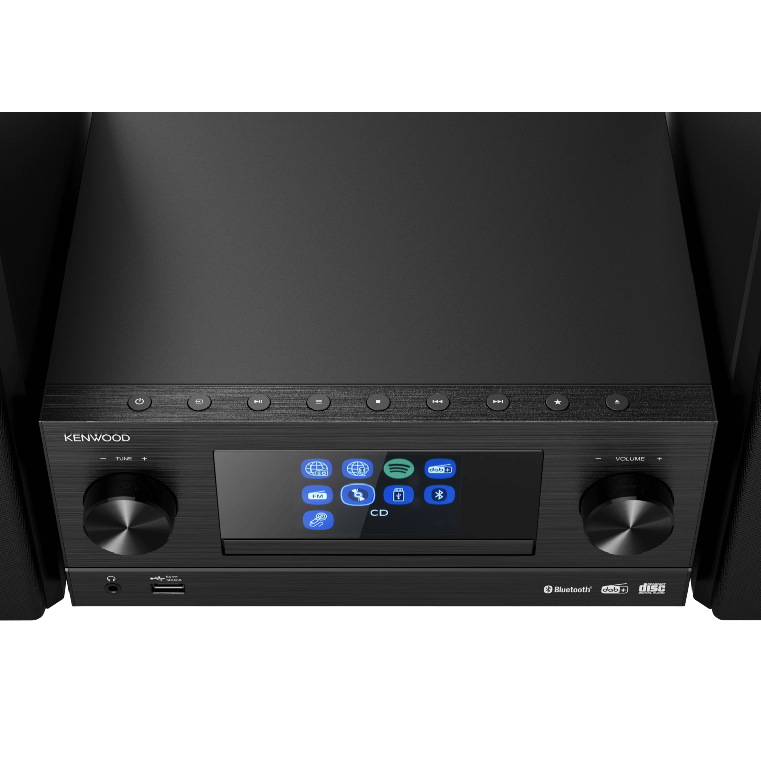 Kenwood stereo system with a central display, CD slot, and control buttons.