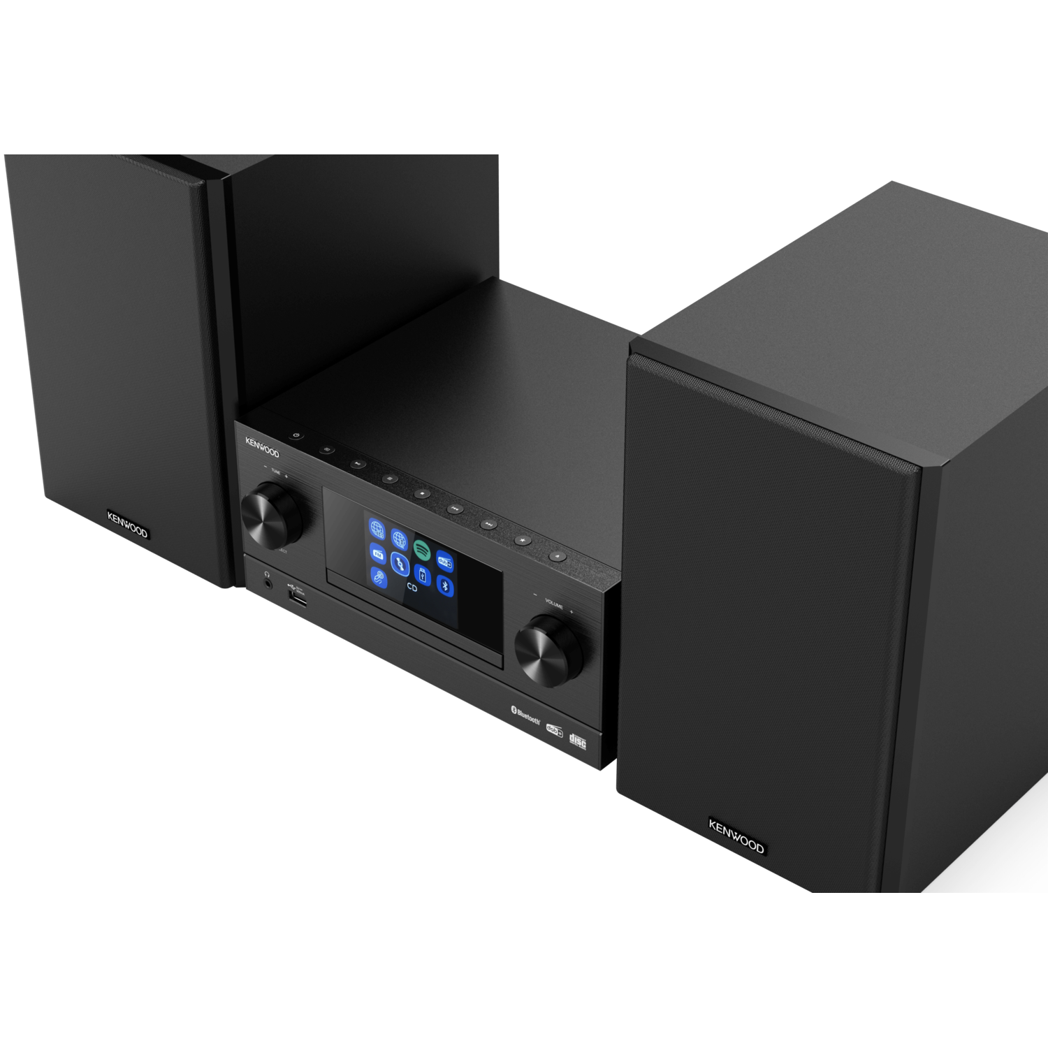 Black stereo with two speakers and a central control panel with screen and knobs.