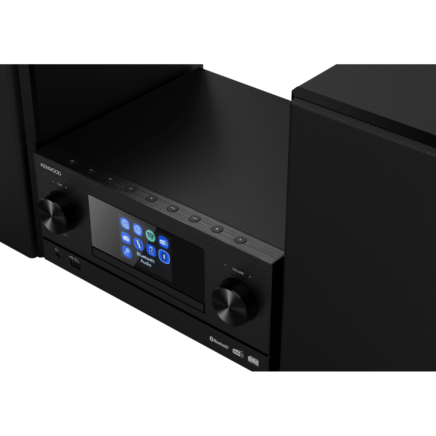 Black Kenwood audio system. Screen shows icons for audio sources. Buttons, volume knob, and USB port are visible.