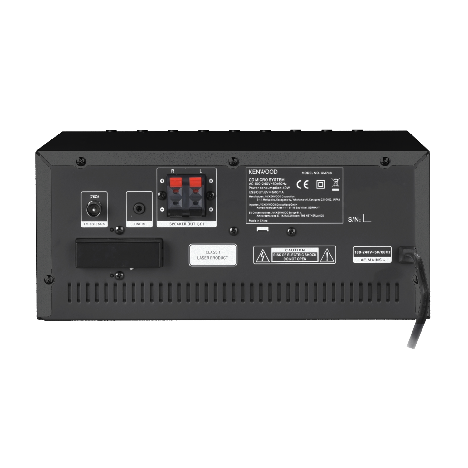 Back view of a black Kenwood CD micro system with ports.