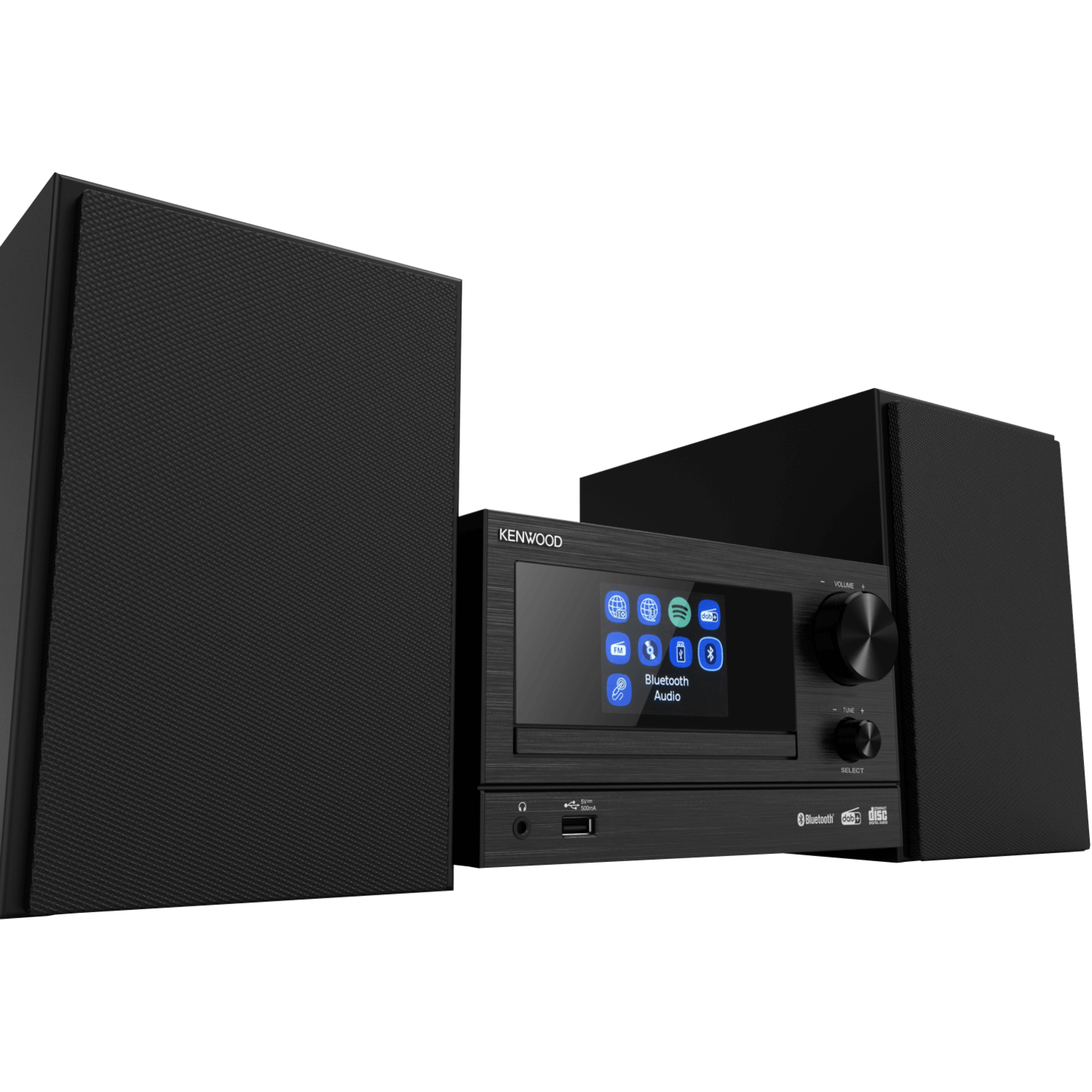 A Kenwood mini stereo system with two speakers, a display, and controls. It's black.