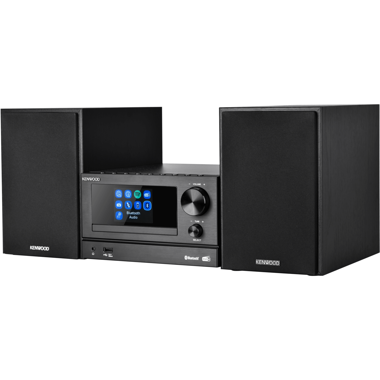 A Kenwood stereo system with two speakers and a central control unit.