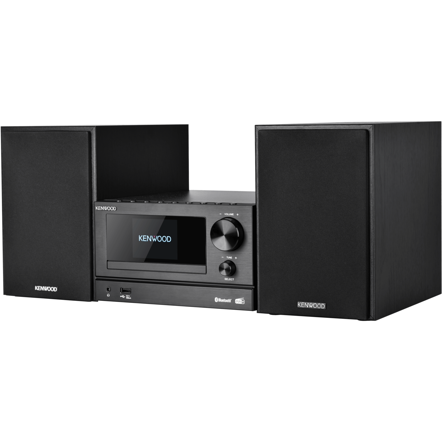 Black Kenwood stereo system with two speakers and central unit. Black background.