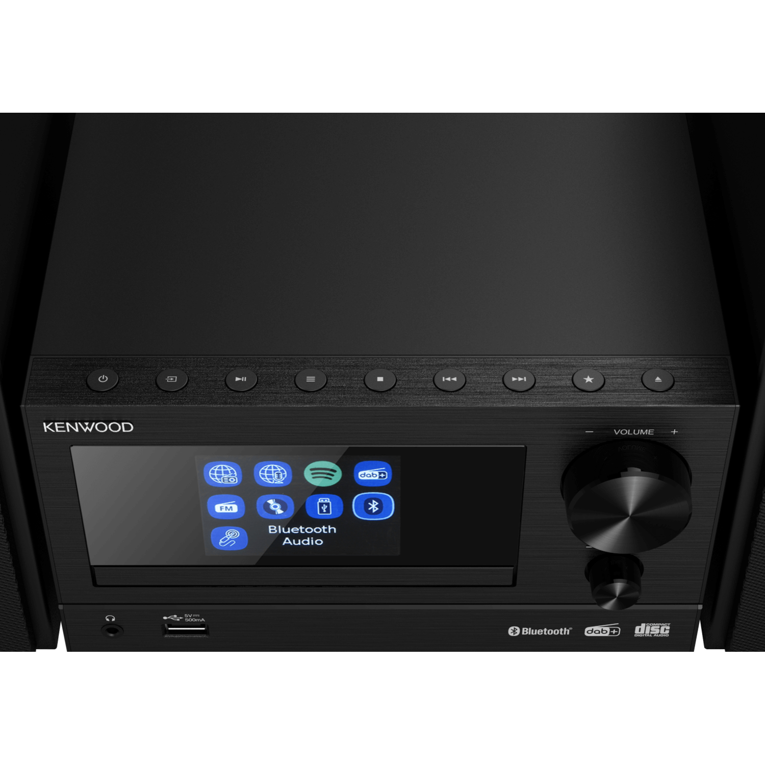 Black stereo system. Kenwood logo, screen with icons, and volume knob are visible.