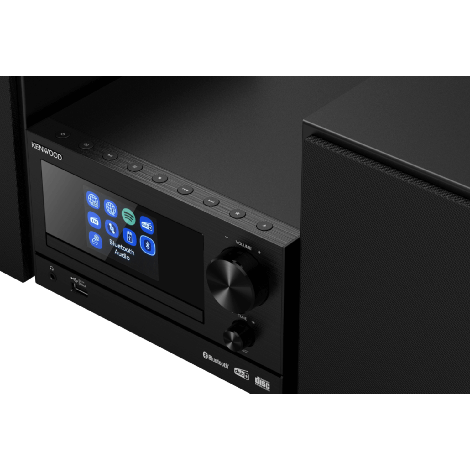 Black Kenwood stereo system with screen and volume knob. Speakers are on the sides.