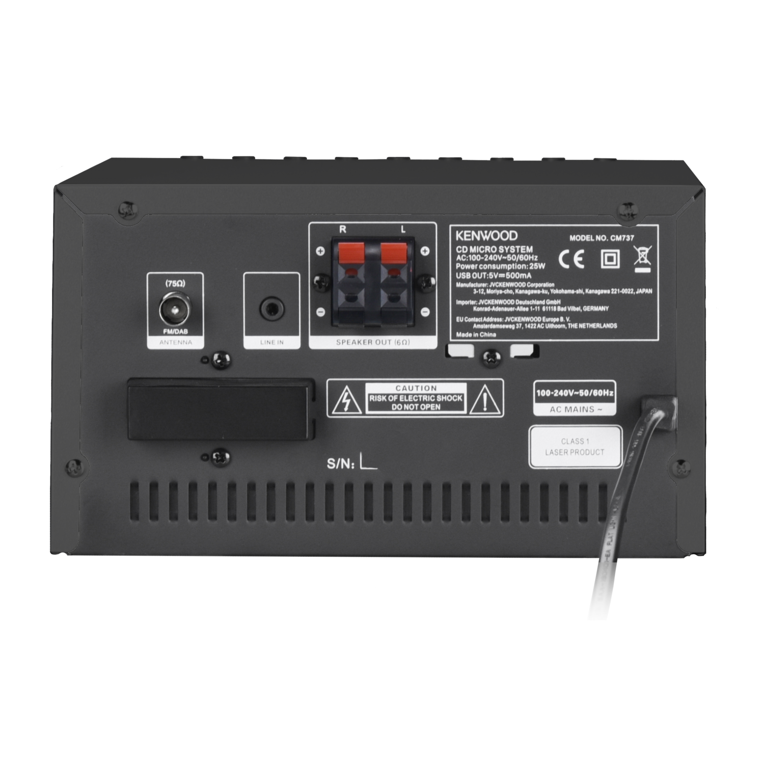 Back of a Kenwood CD Micro System. Shows input/output ports, and labels.