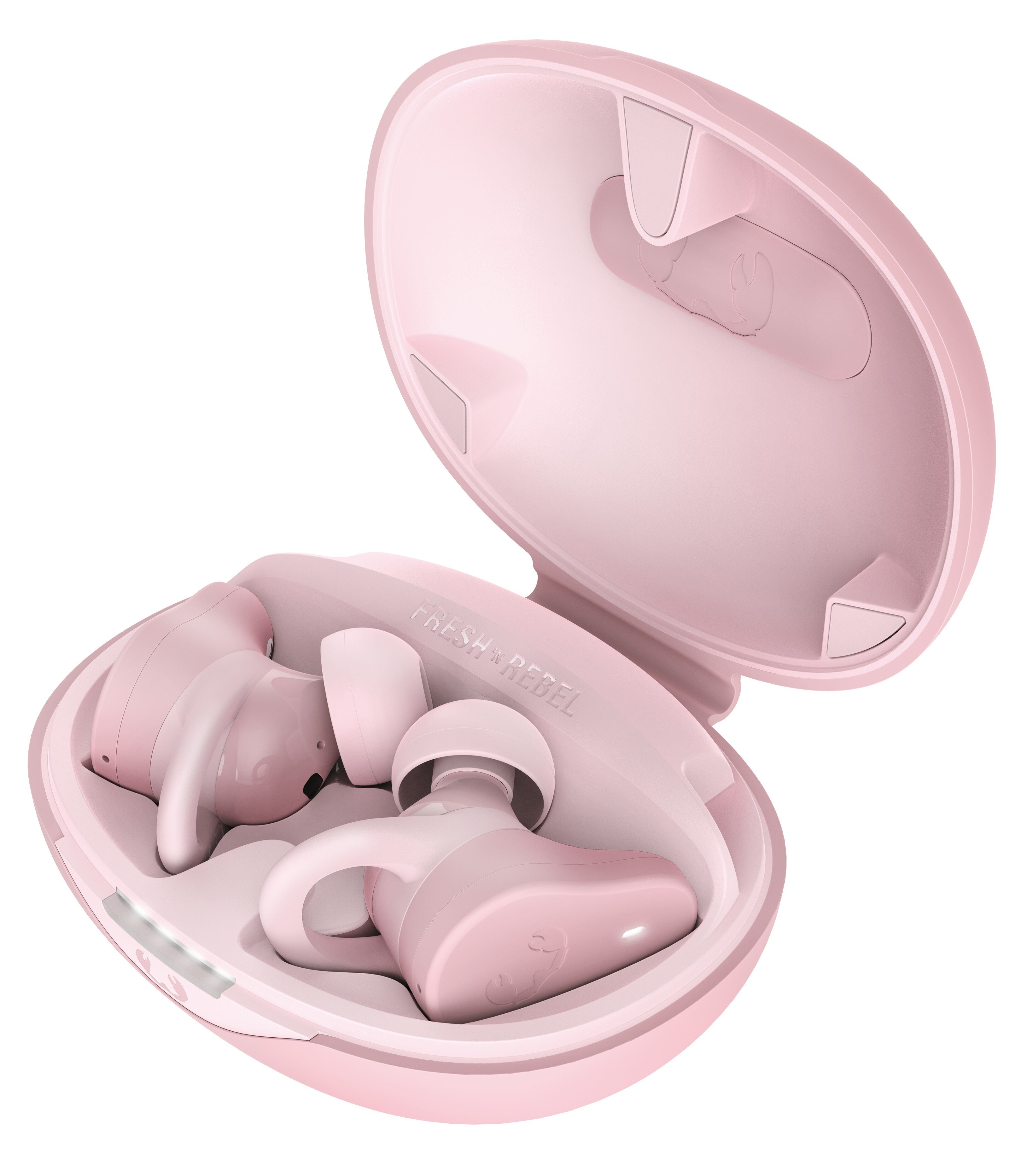 Różowe bezprzewodowe słuchawki w otwartym etui ładującym. Etui i słuchawki są jasnoróżowe.