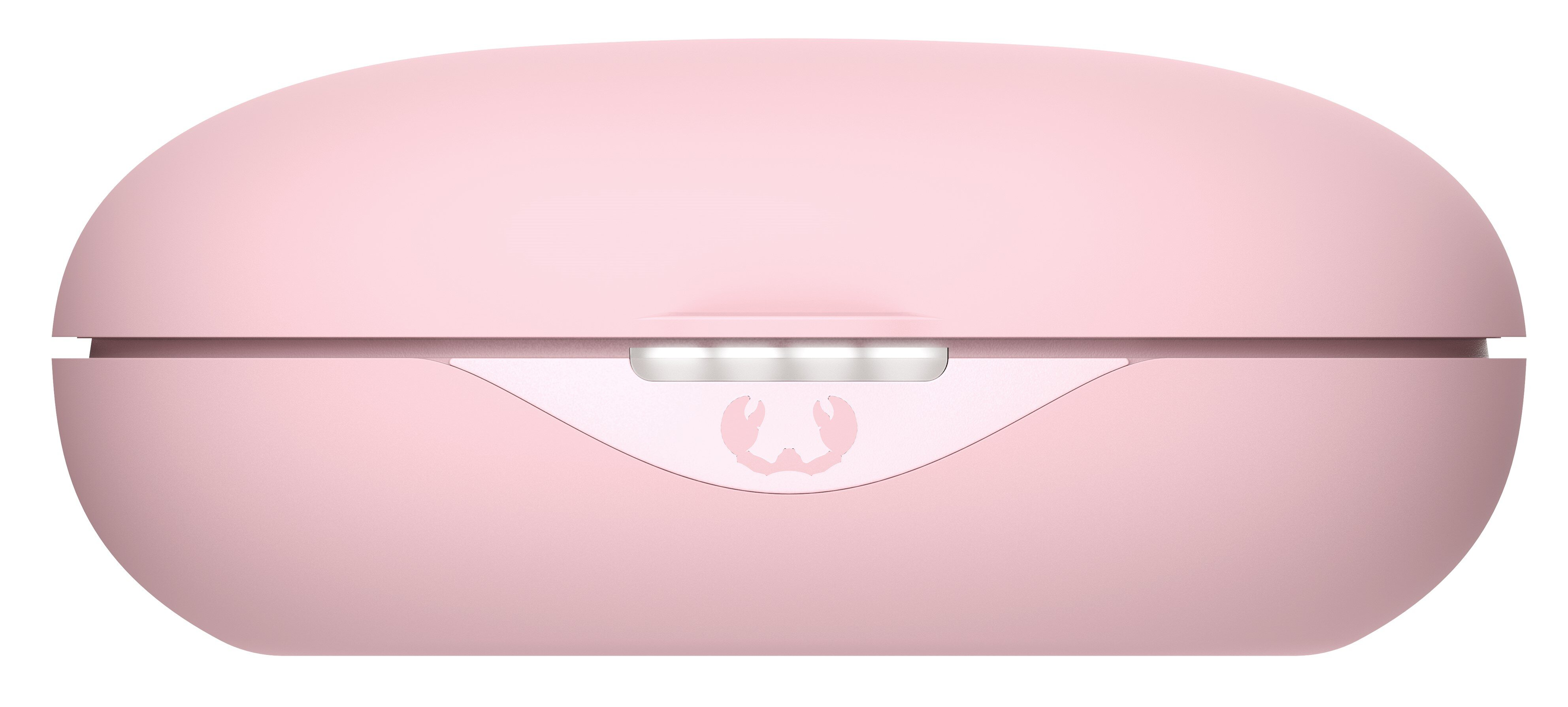 Jasnoróżowe etui ładujące do słuchawek dousznych z logo kraba.