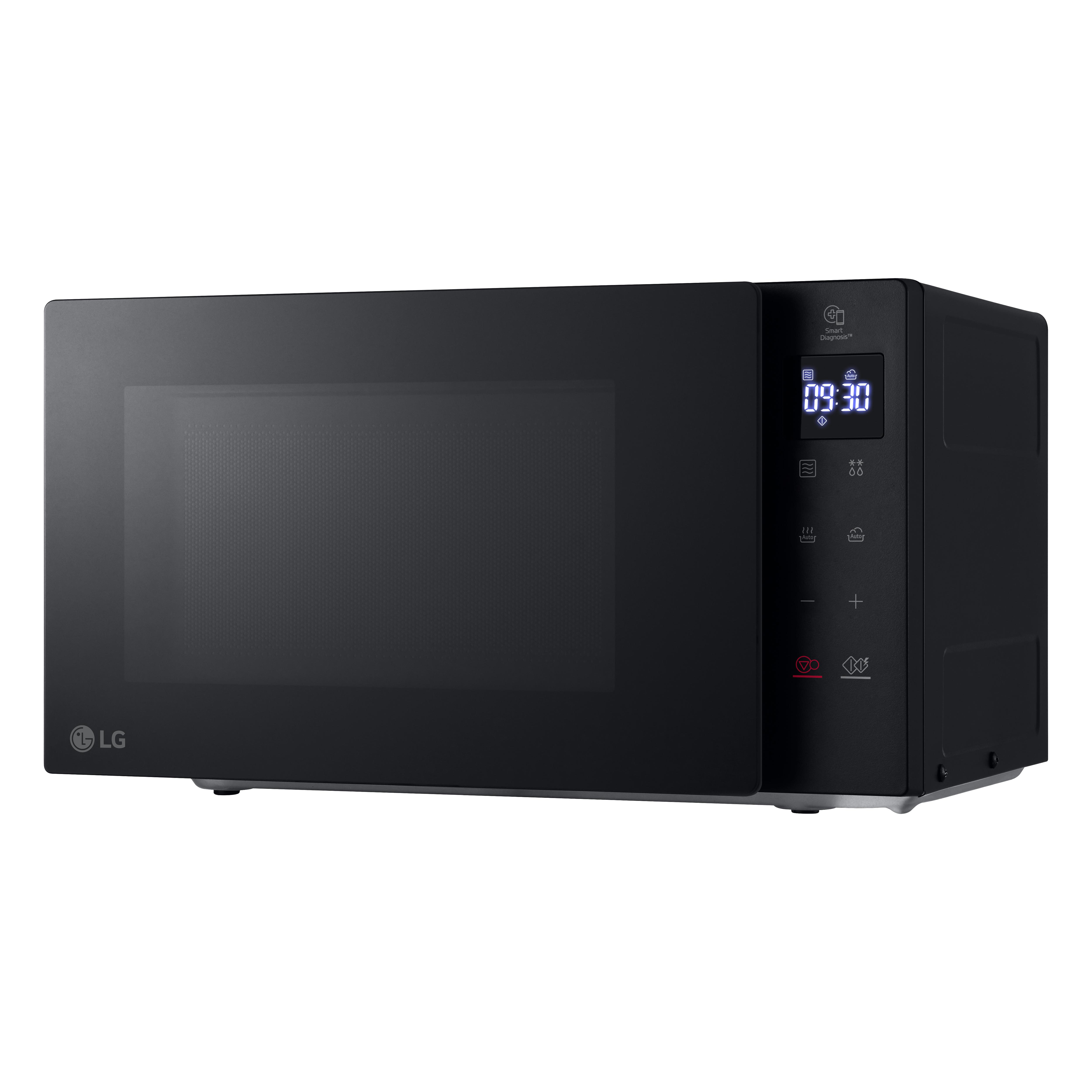 Schwarze Mikrowelle mit Digitalanzeige für Zeit und Bedienknöpfen.