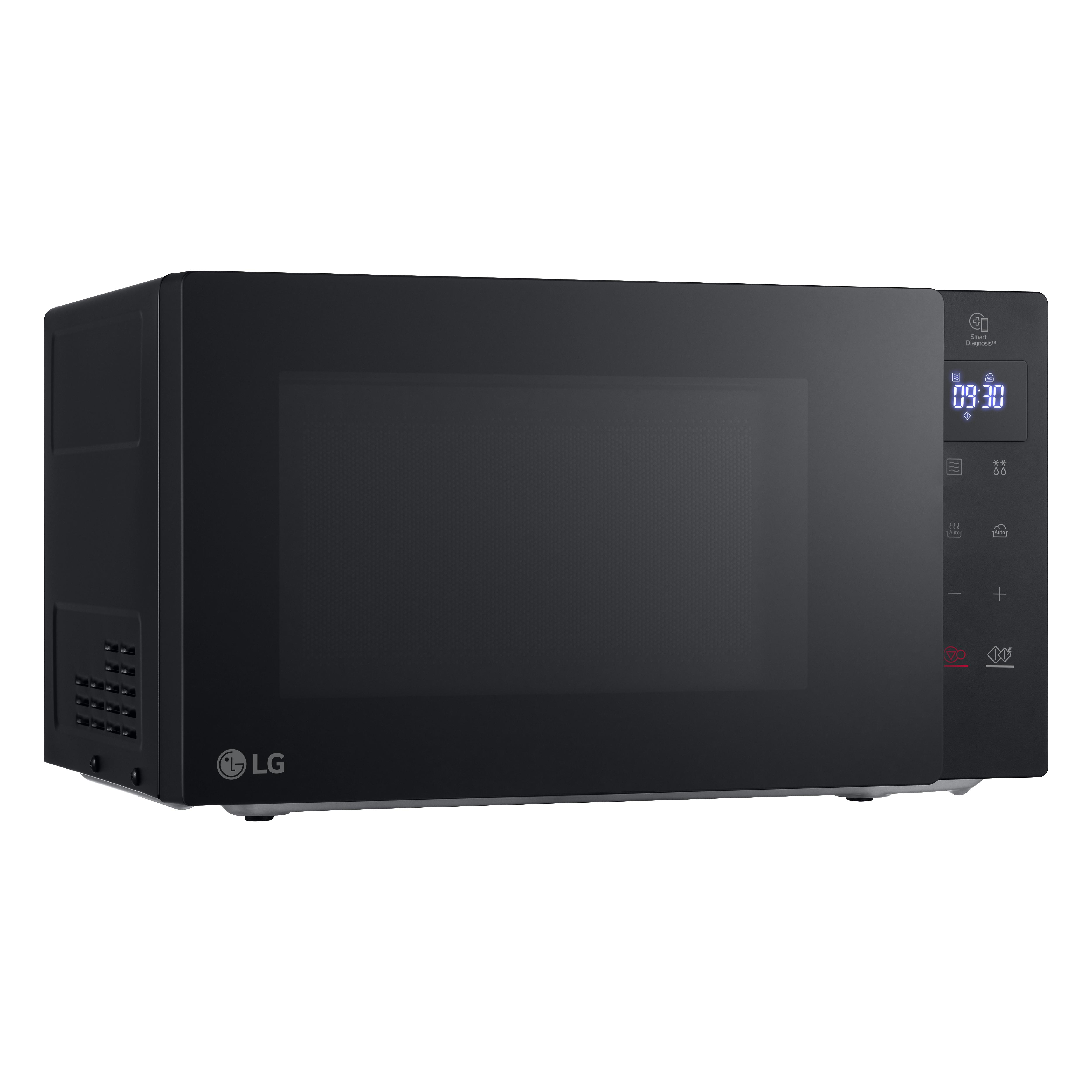 Schwarze LG Mikrowelle mit digitaler Uhranzeige und Bedienknöpfen. Sie steht auf weißem Hintergrund.
