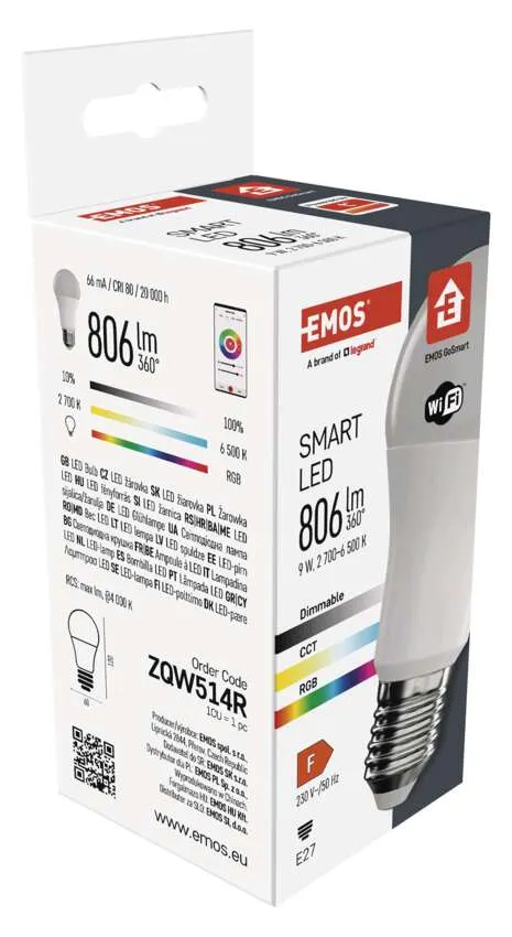 Egy EMOS okos LED izzó fehér és piros doboza. A dobozon izzó grafika és szöveg látható.