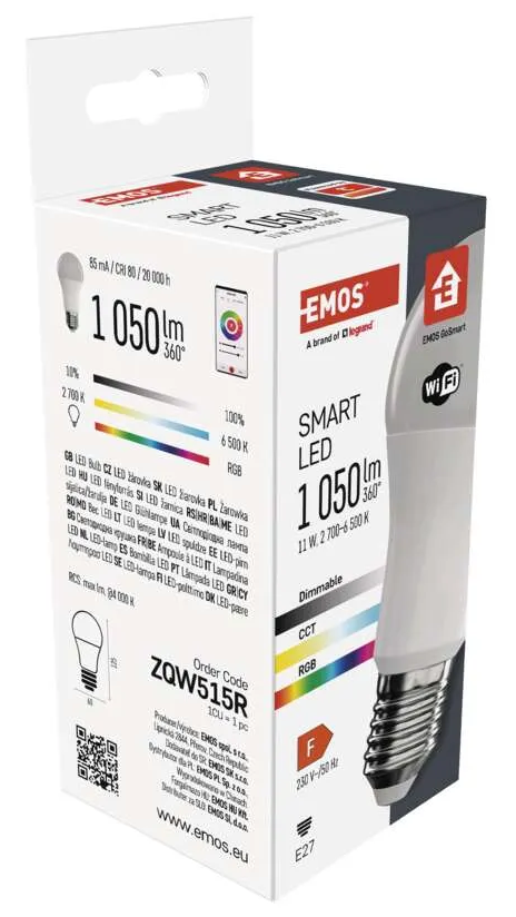 Okos LED izzó doboza színes spektrumjelzésekkel és fehér izzóval.