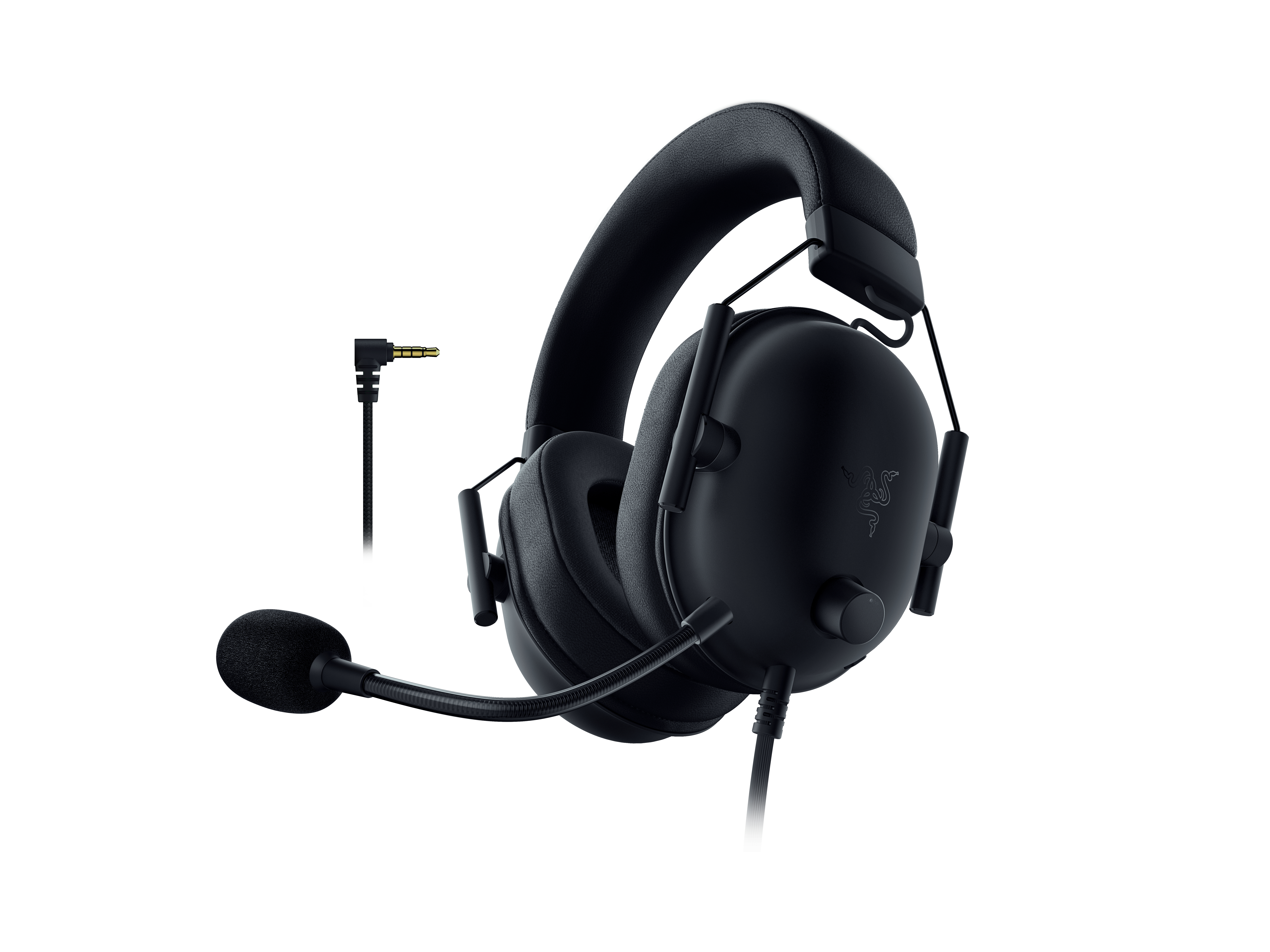 Ein schwarzes Razer Gaming-Headset mit Mikrofon auf weißem Hintergrund.
