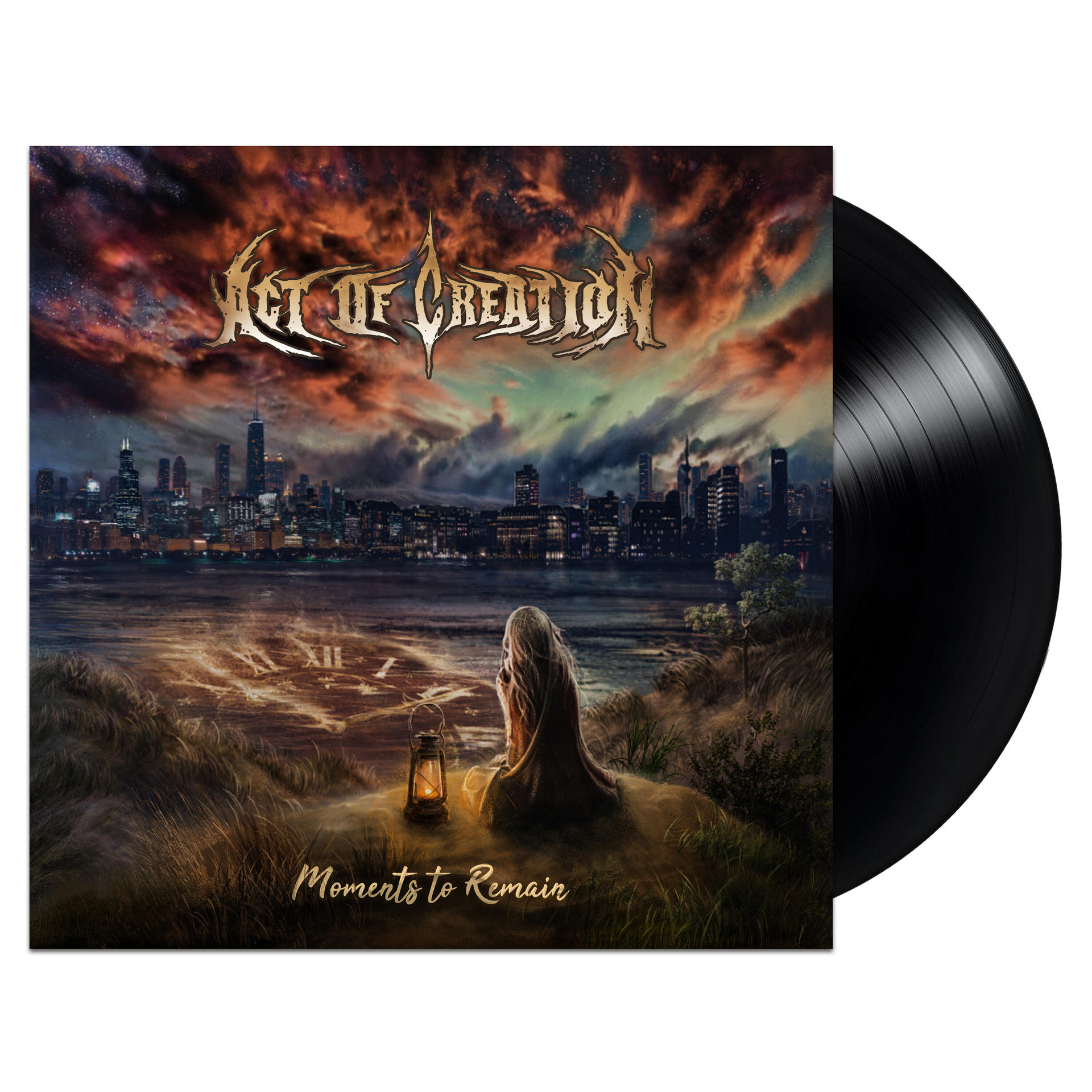Albumcover der Vinyl-Schallplatte 'Act of Creation' mit Stadt bei Sonnenuntergang, neben einer schwarzen Platte.