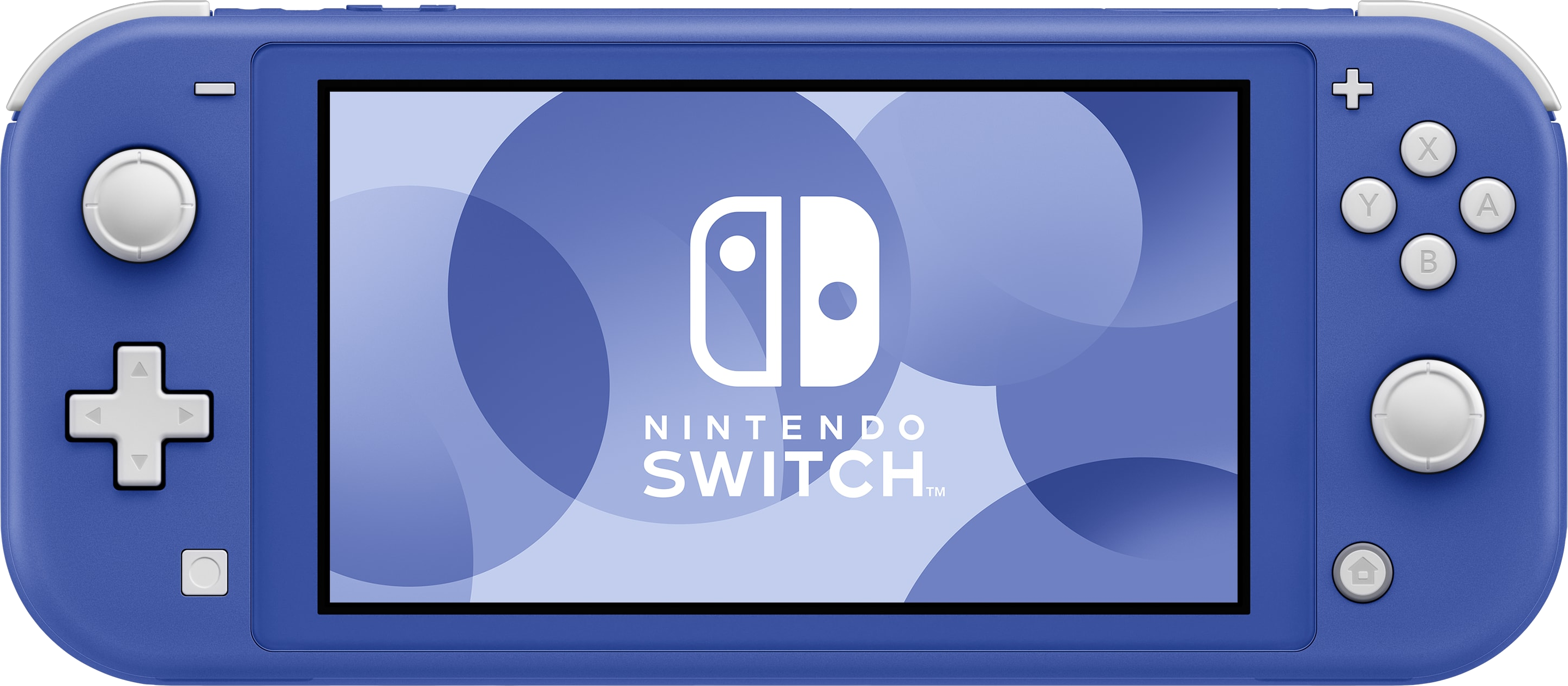Eine blaue Nintendo Switch Lite Konsole mit einem Bildschirm, der das Nintendo Logo zeigt.