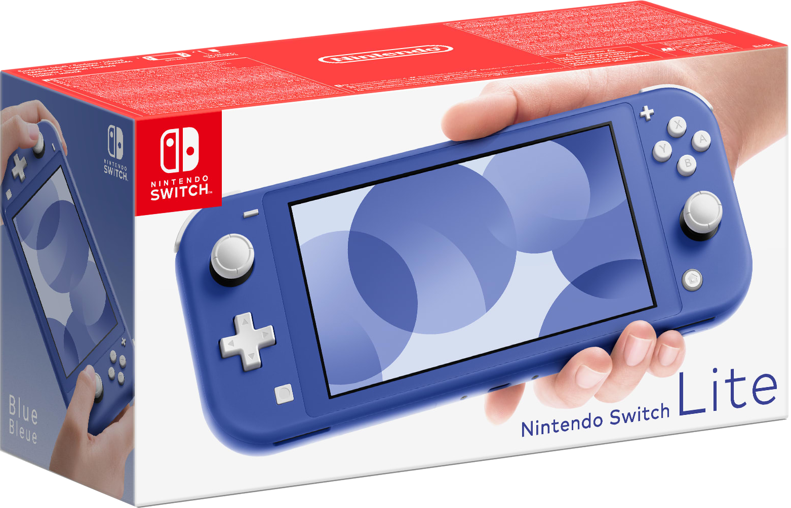 Blaue Nintendo Switch Lite-Konsole in der Box, gehalten von einer Hand. Box zeigt die Konsole.