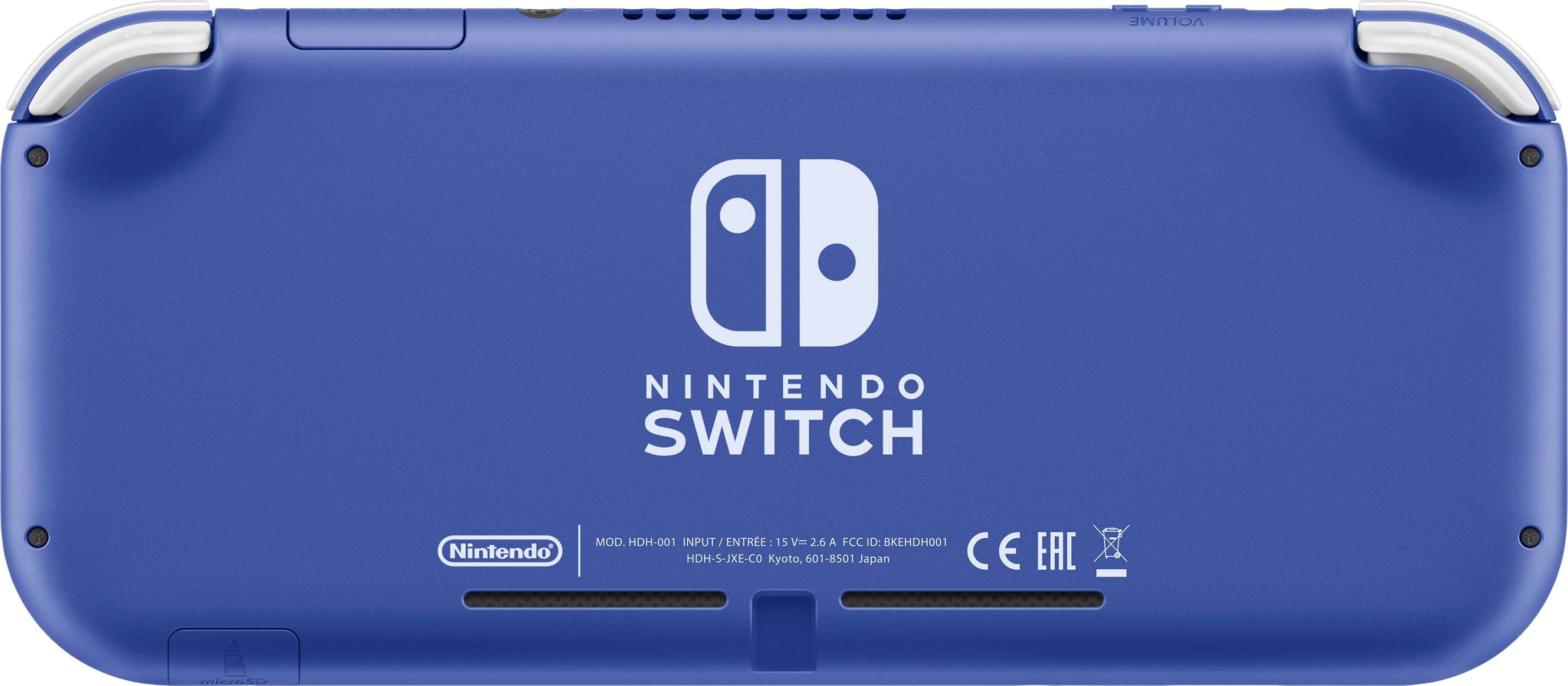 Rückseite einer blauen Nintendo Switch Lite mit Text und Logos auf der Rückseite, weiße Kanten.