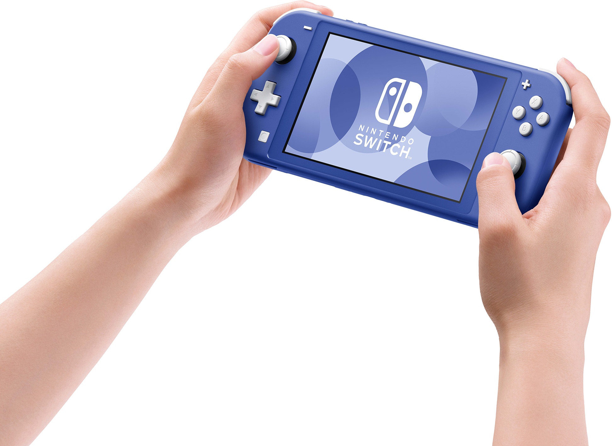 Hände halten eine blaue Nintendo Switch Lite-Spielekonsole. Der Bildschirm zeigt das Switch-Logo.