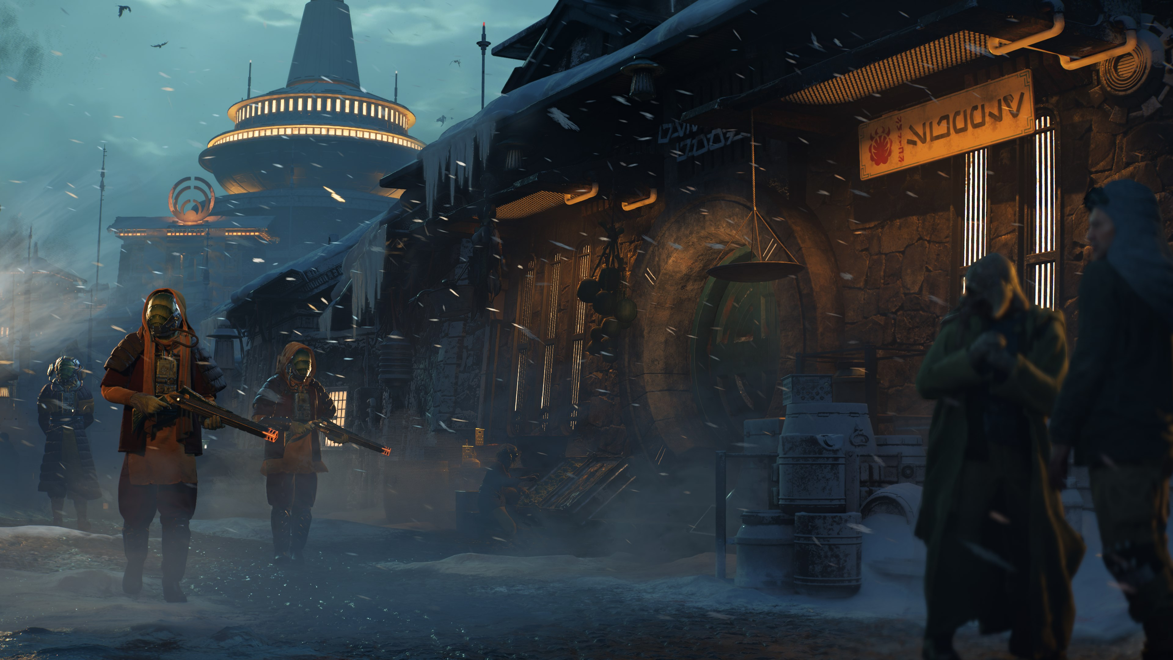 Une scène enneigée avec des personnages en manteaux et masques dans une ville, style science-fiction.