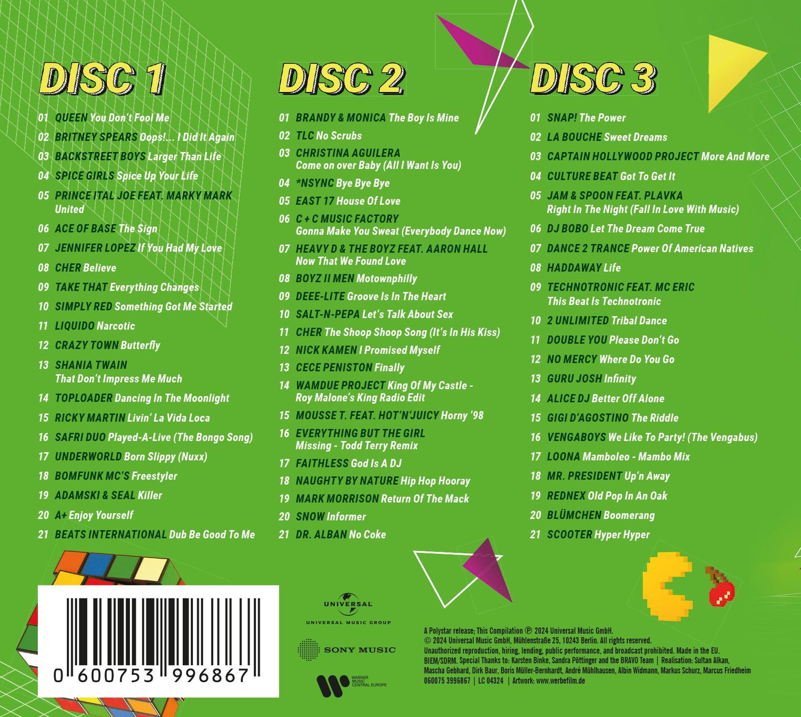 Ein Musikalbum-Cover mit mehreren Discs und Titellisten für verschiedene Genres.