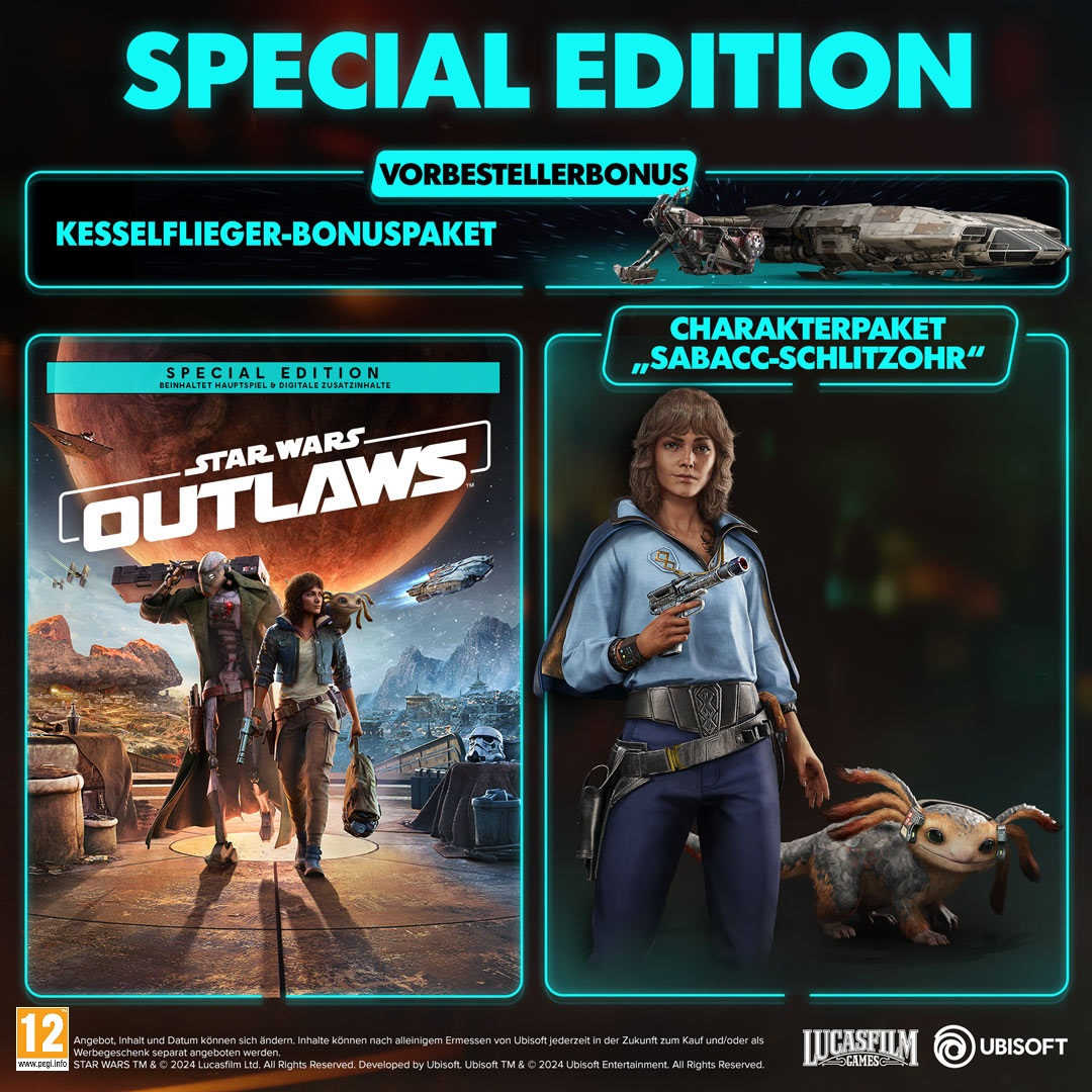 Boîte de jeu Star Wars Outlaws et affichage de personnages avec personnage et créature.
