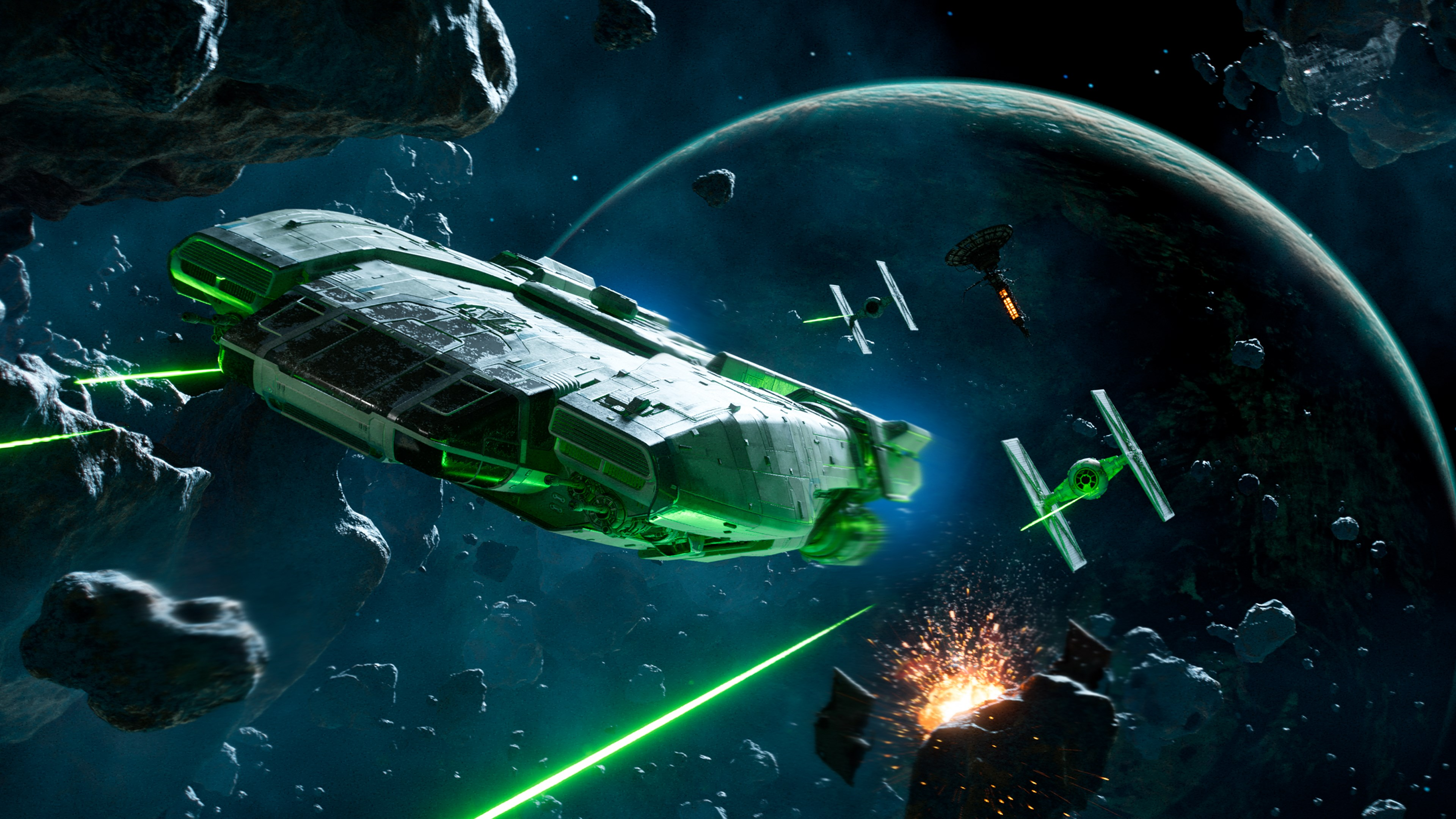 Scène spatiale avec un vaisseau spatial tirant des lasers verts et des explosions. Planètes et astéroïdes en arrière-plan. Vert et bleu.