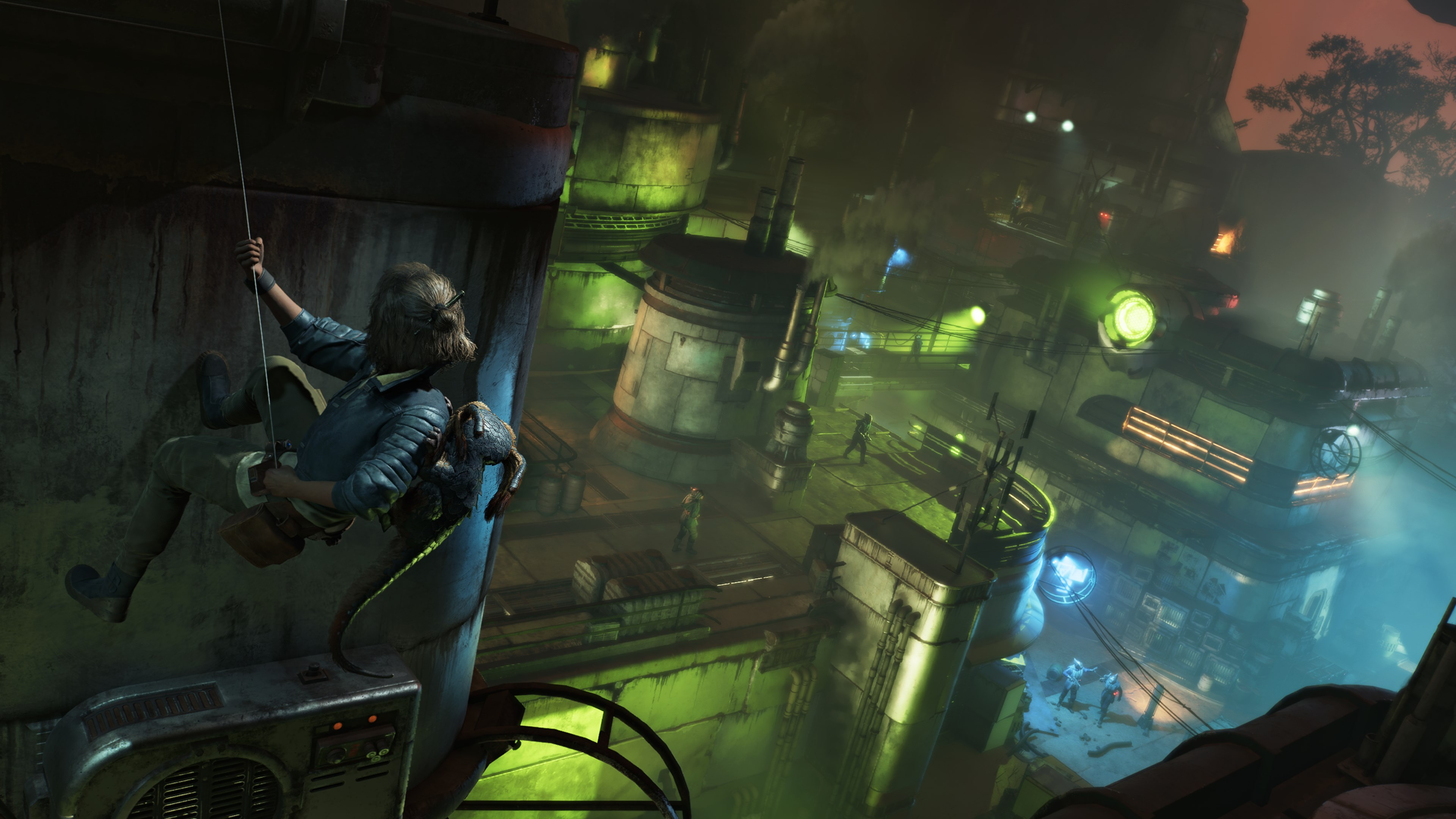 Une personne descend en rappel d'un bâtiment dans une scène de ville futuriste, avec d'autres personnages et néons.