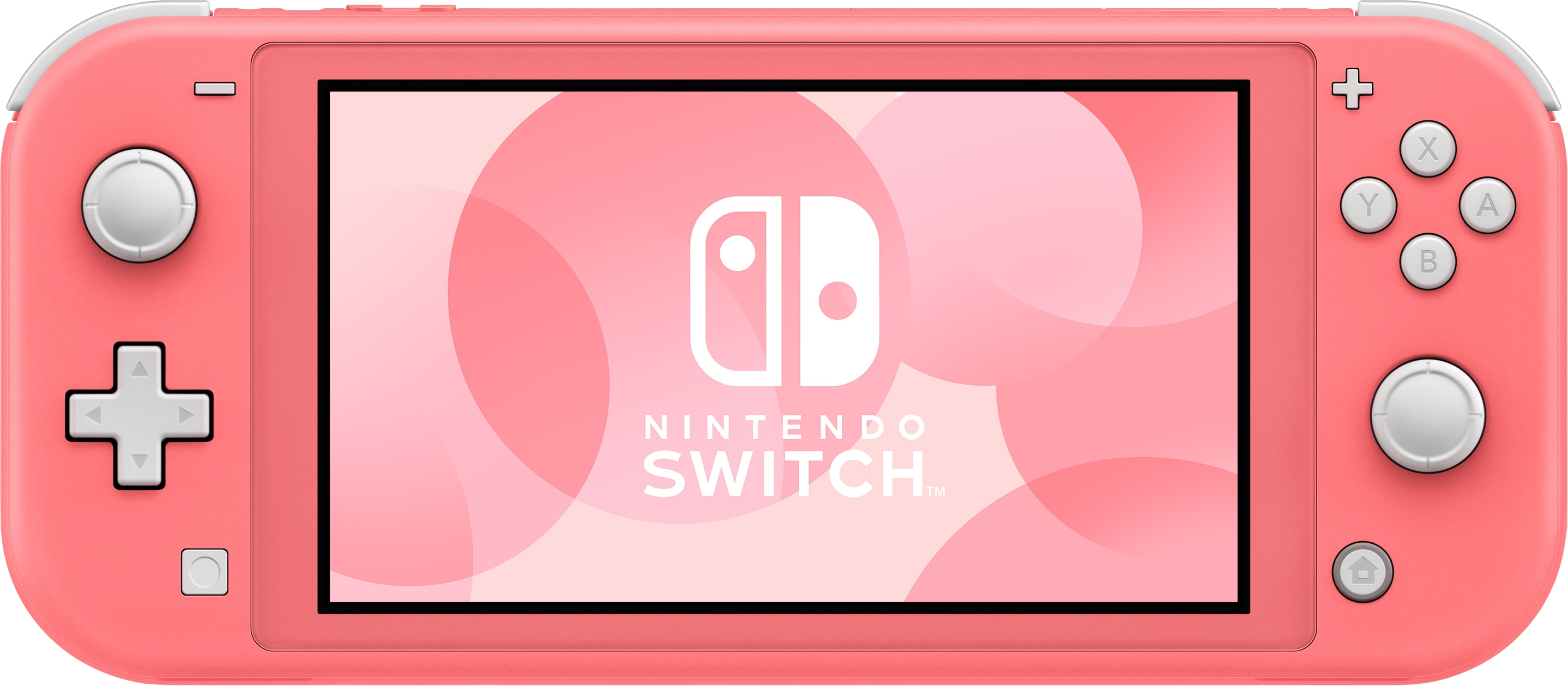 Pinke Nintendo Switch Lite Konsole mit Knöpfen, Bildschirm zeigt Nintendo Switch Logo, auf weißem Hintergrund.