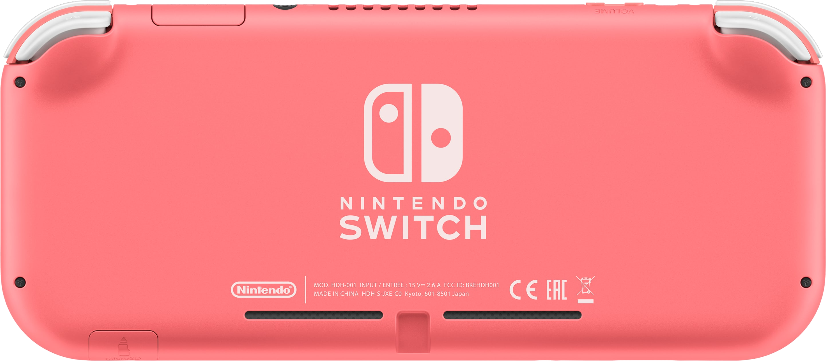 Korallenrosa Nintendo Switch Lite Konsole, Rückansicht, mit Text und Logos.