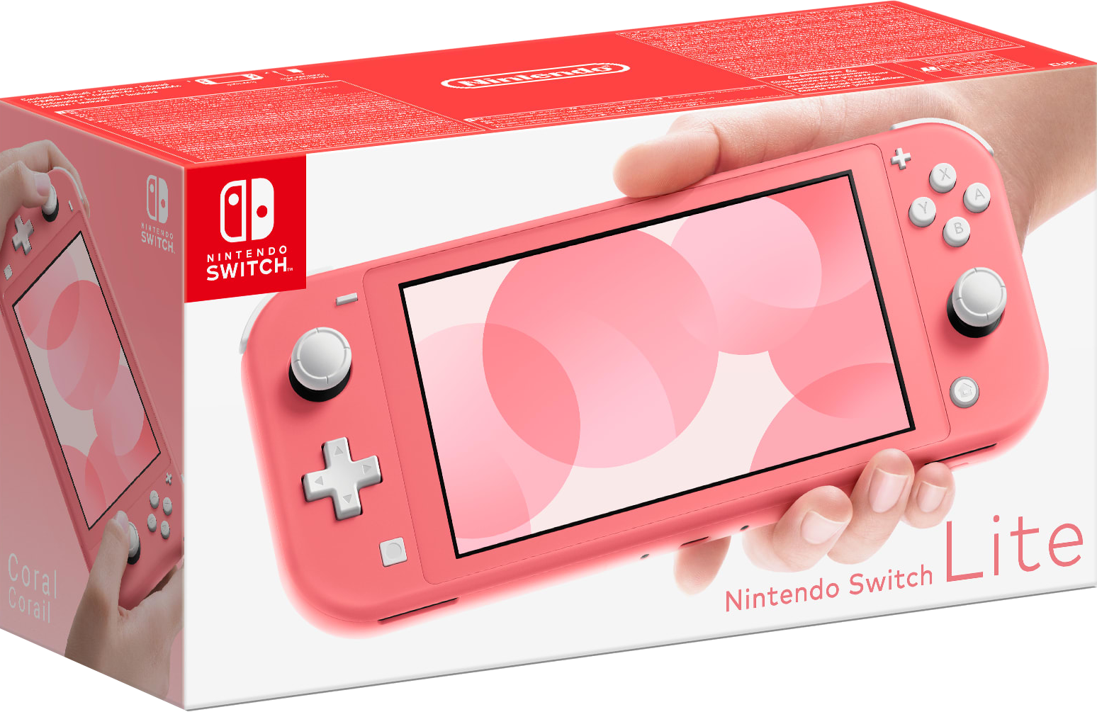 Eine korallenrosa Nintendo Switch Lite Box mit einer Hand, die die Konsole hält. Weißer Hintergrund.