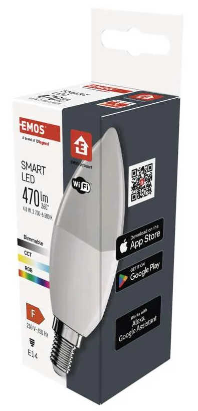 Dobozos EMOS Smart LED izzó, fehér izzó, termékinfó a csomagoláson.