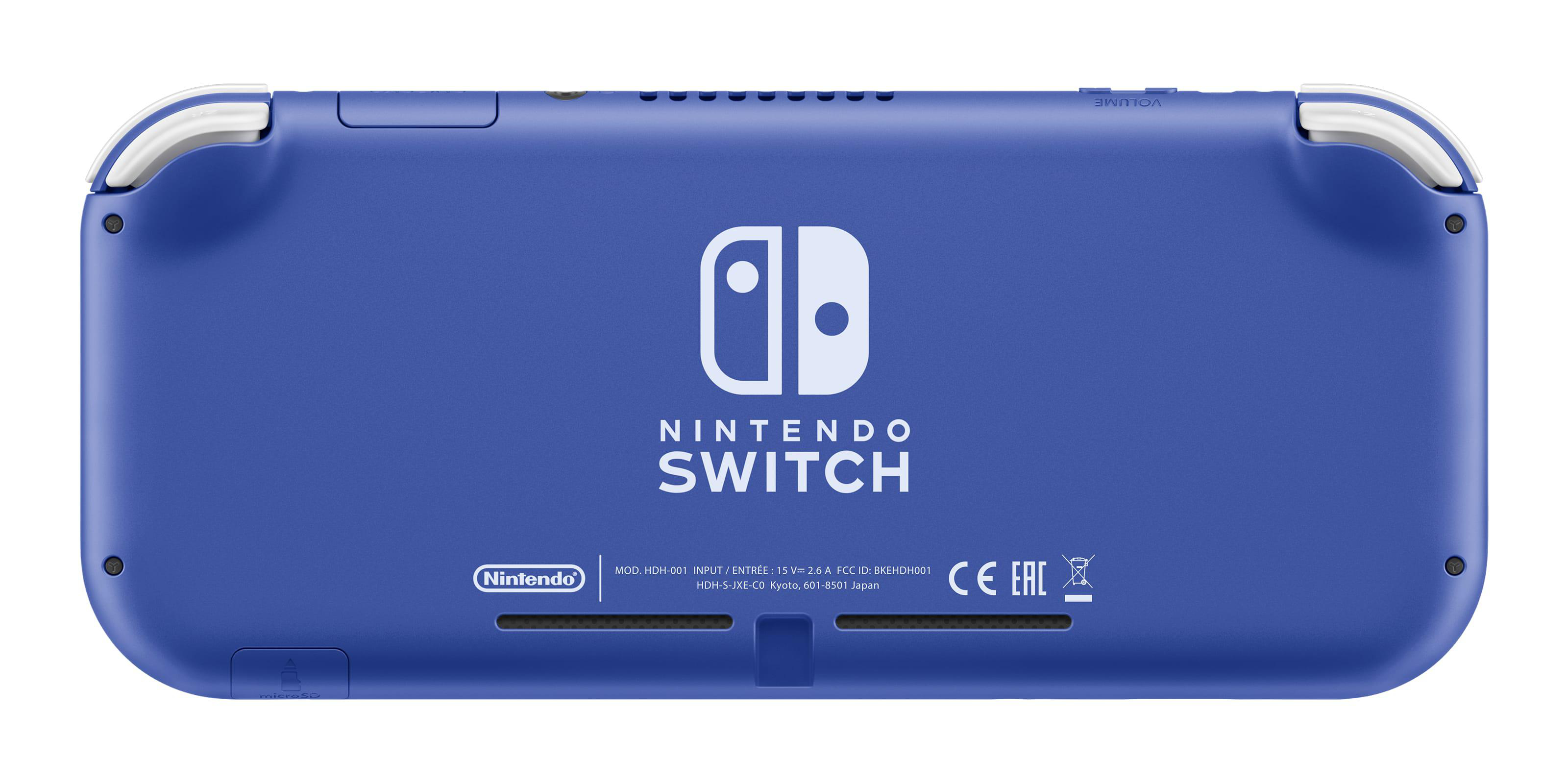 Blaue Nintendo Switch Lite Konsole, Rückansicht. Nintendo-Logo in der Mitte.