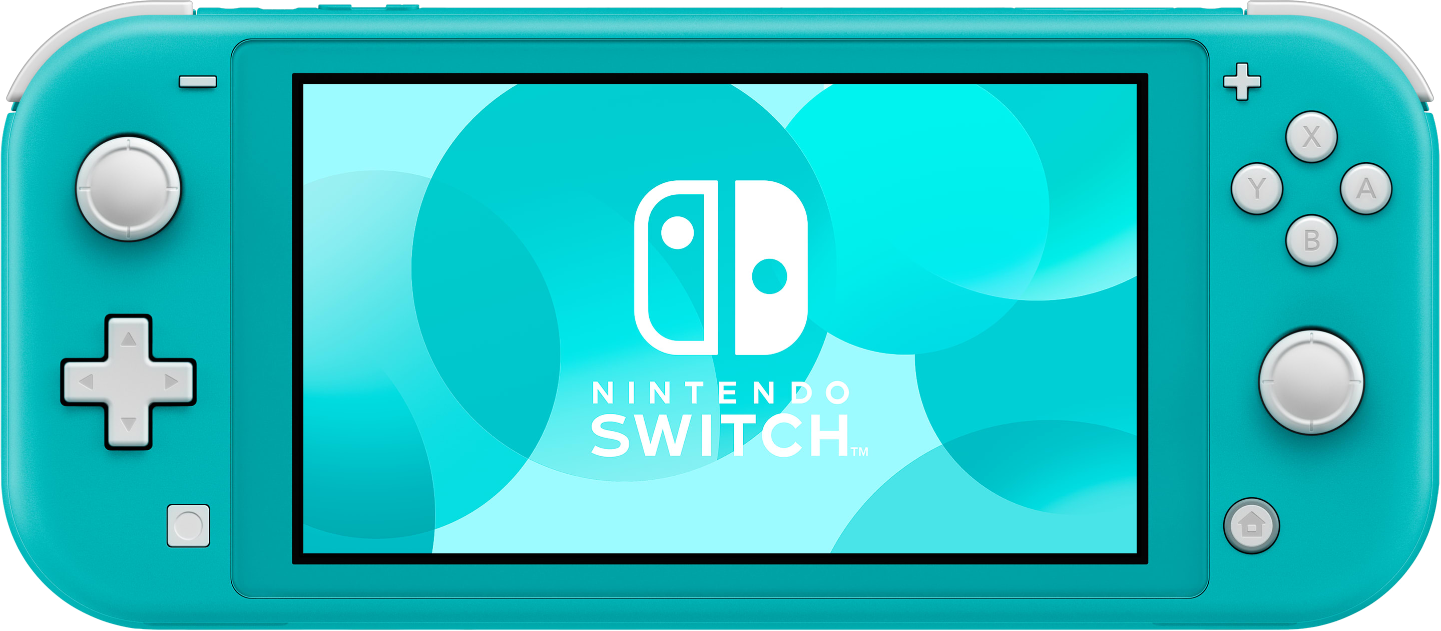 Türkis Nintendo Switch Lite Konsole mit Bildschirm, der ein Logo anzeigt. Knöpfe und Joystick sind sichtbar.