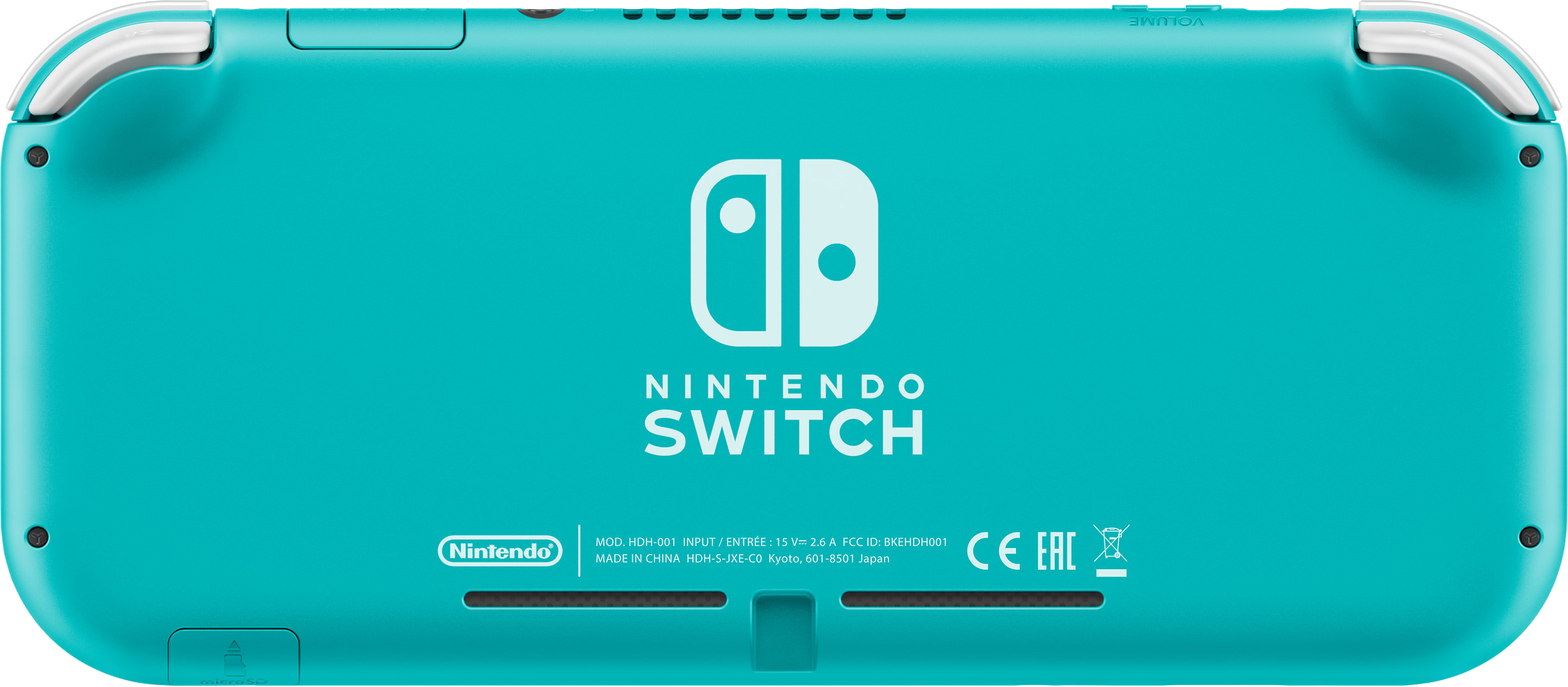 Rückansicht der Nintendo Switch Lite Konsole, türkise Farbe.