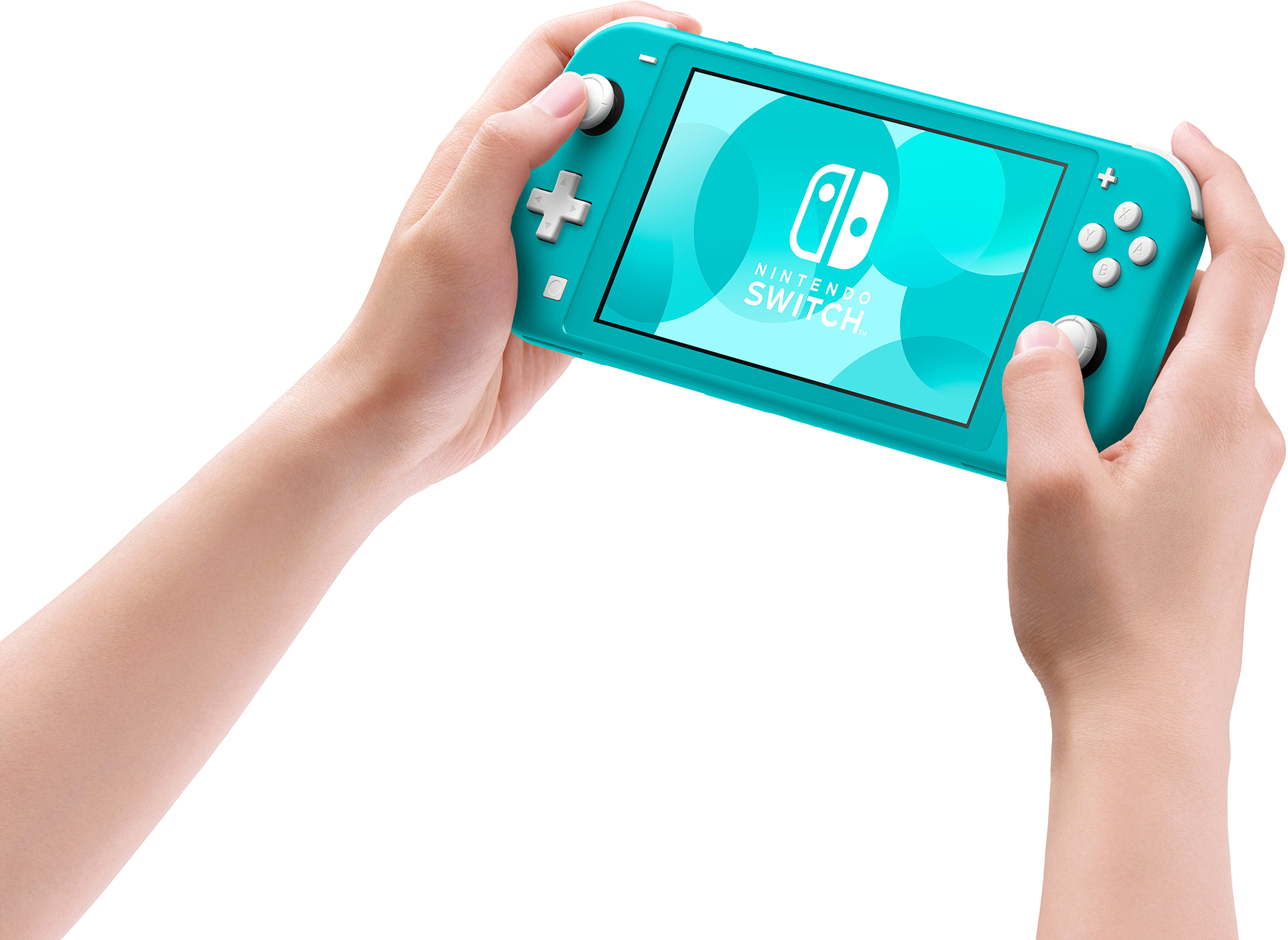 Hände halten eine türkisfarbene Nintendo Switch Lite, die das Nintendo Switch-Logo zeigt.