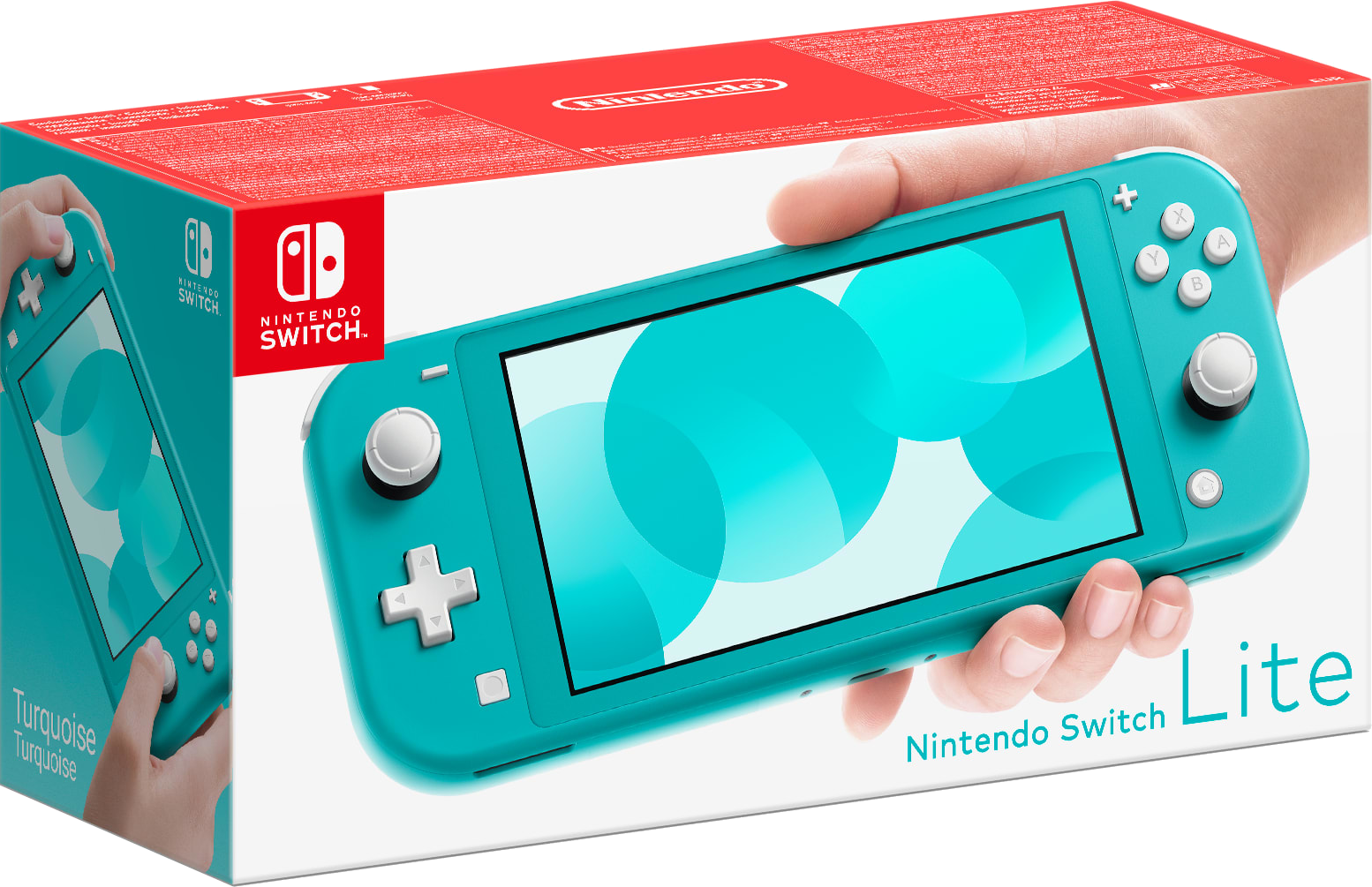 Türkisfarbene Nintendo Switch Lite und ihre Box. Eine Person hält die Konsole in der Hand.