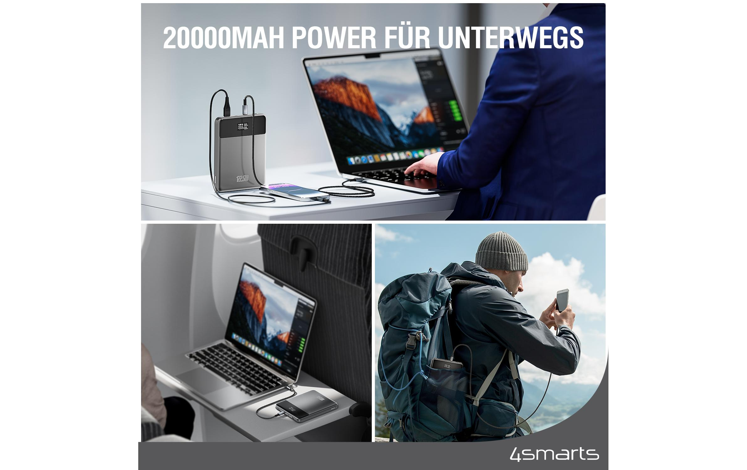 4SMARTS Powerbank, 20000 mAh, USB-A, Eingang, Eingang, USB-A, Grau Powerbank 20000 mAh Grau