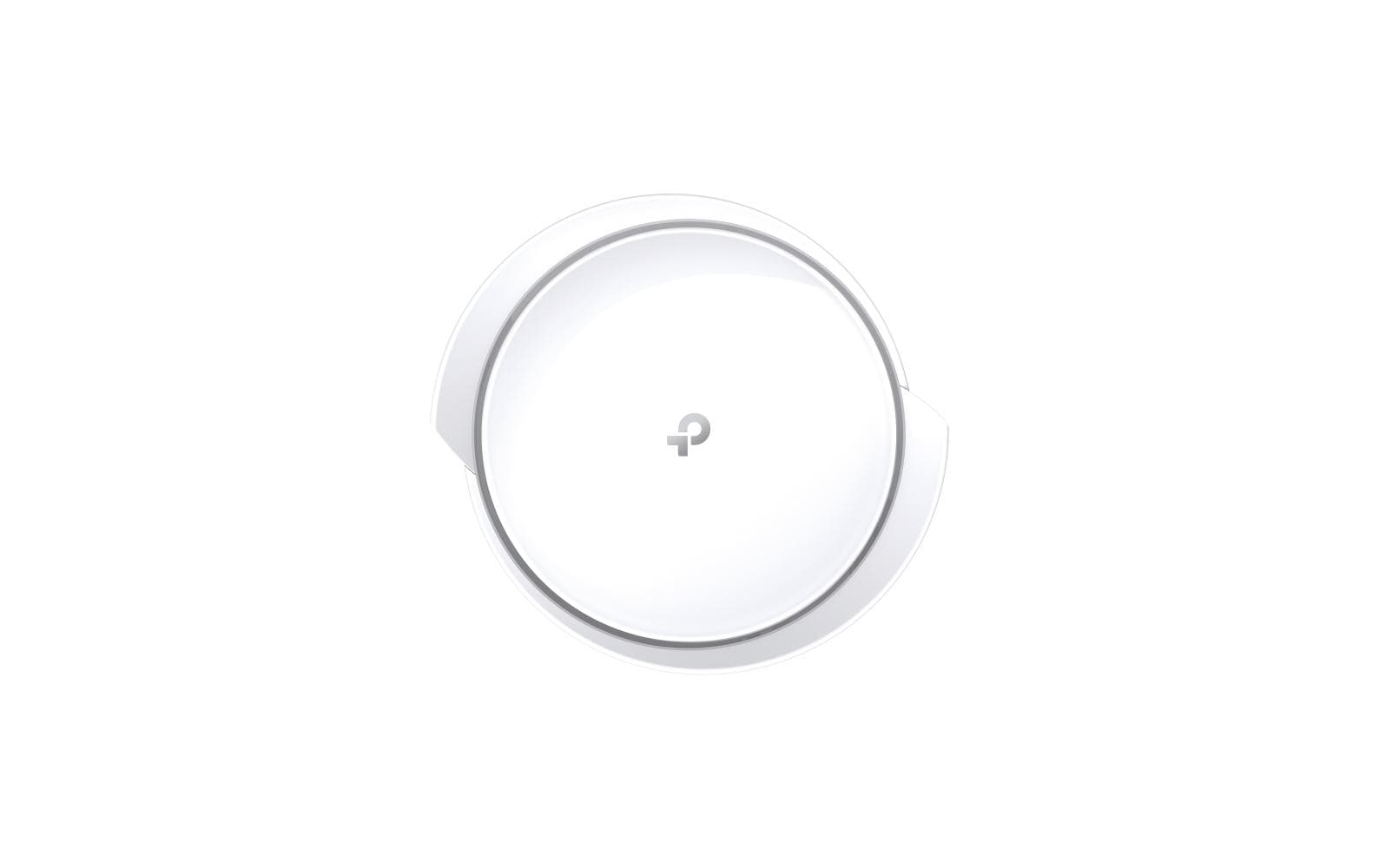 Un routeur wifi blanc. Le dessus montre un logo, et un bord argenté l'entoure.