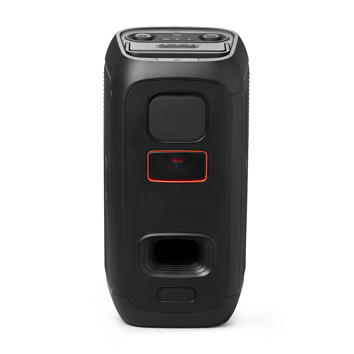 Altoparlante JBL nero, rettangolare con bordi arrotondati. Ha pulsanti sulla parte superiore e un contorno della porta USB rosso.