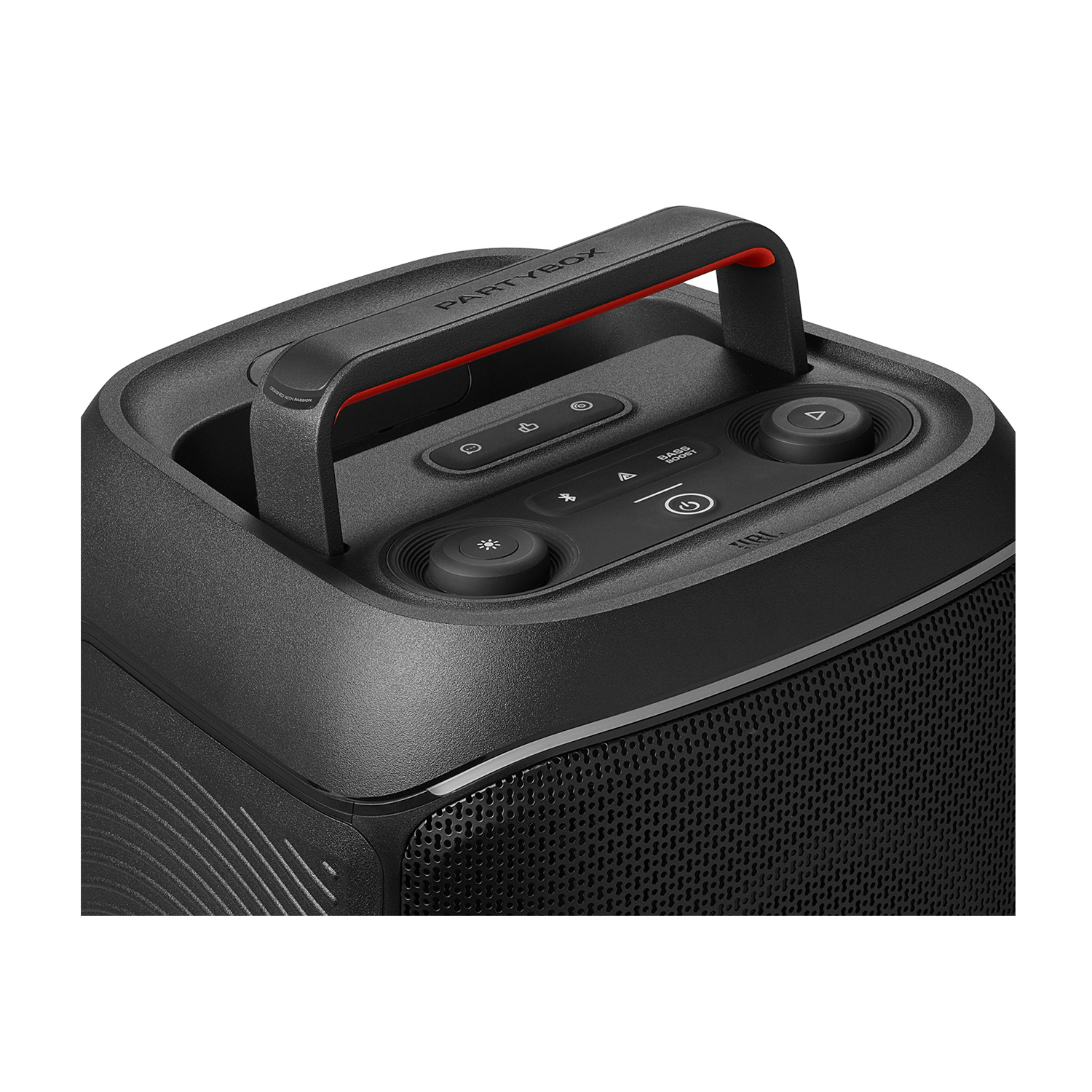 Altoparlante JBL Partybox nero, vista dall'alto con maniglia, pulsanti e griglia a rete.