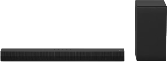 Egy fekete soundbar és mélynyomó fehér háttér előtt. Modern és minimalista design.